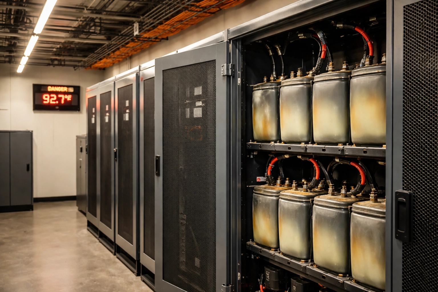 Open UPS battery cabinet in a data center showing swollen lead-acid batteries from heat damage