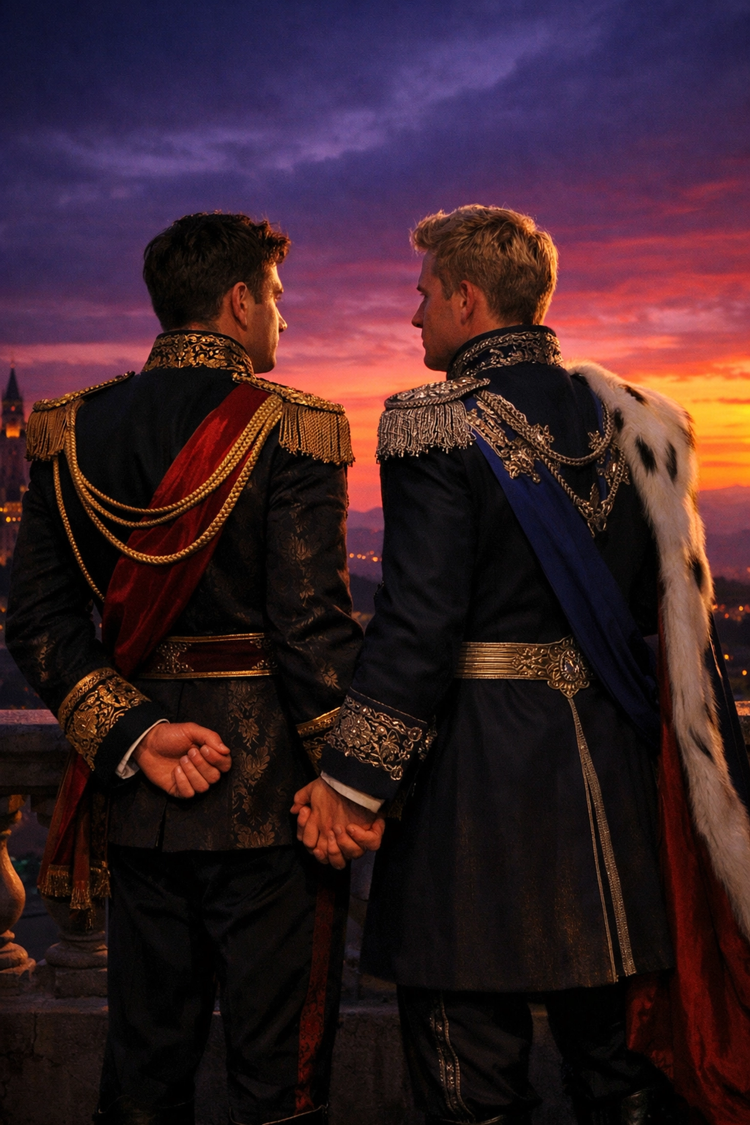 Two men in royal regalia secretly holding hands, a theme in popular MM romance books about choosing love over duty.