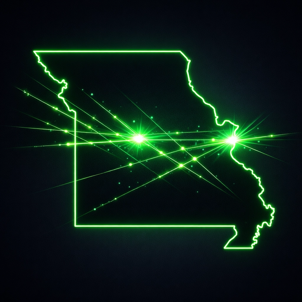 Digital map of Missouri highlighting business service hubs for local lead generation.