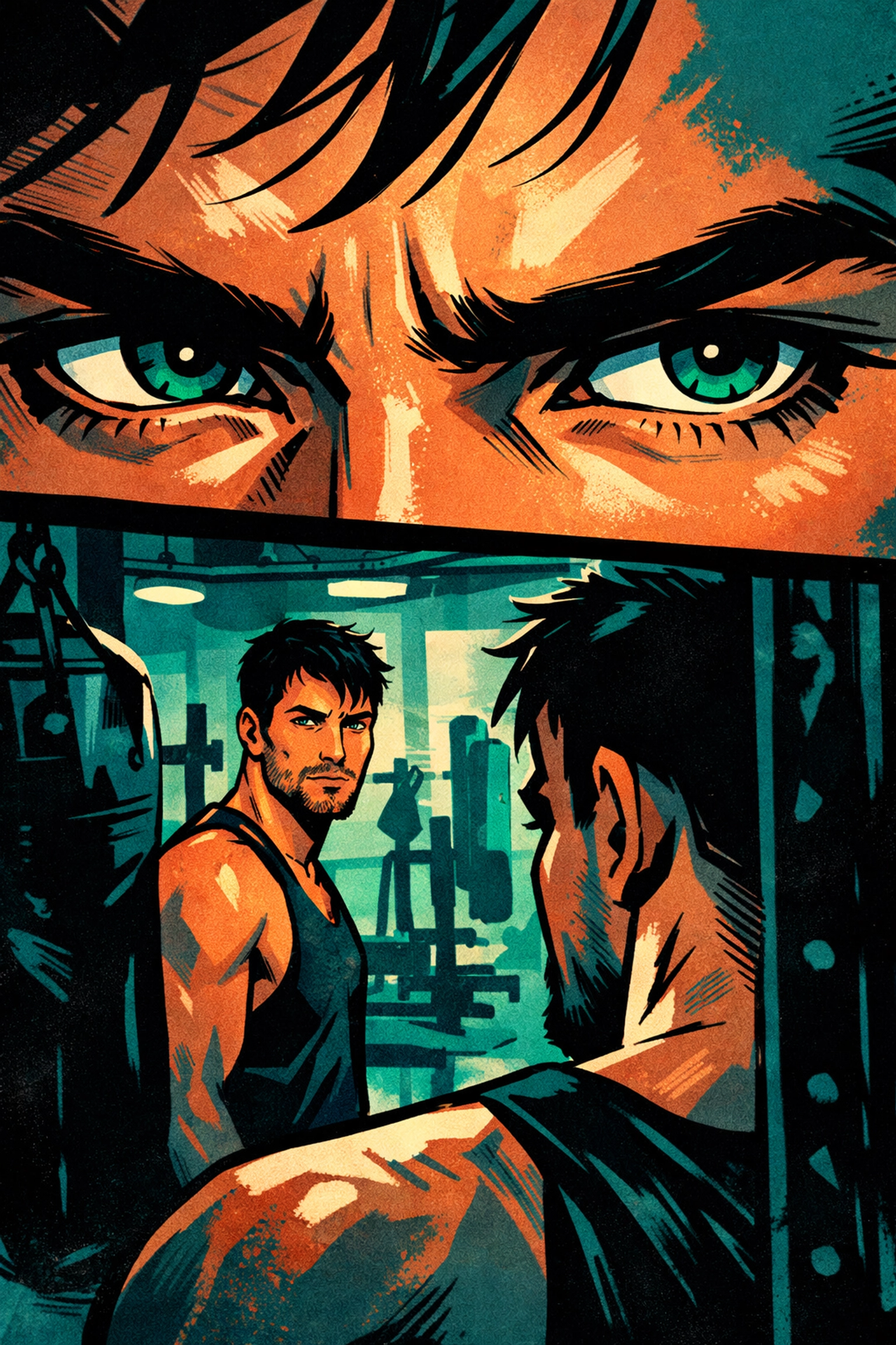 Two gay men making eye contact across gym floor - slow burn MM romance moment