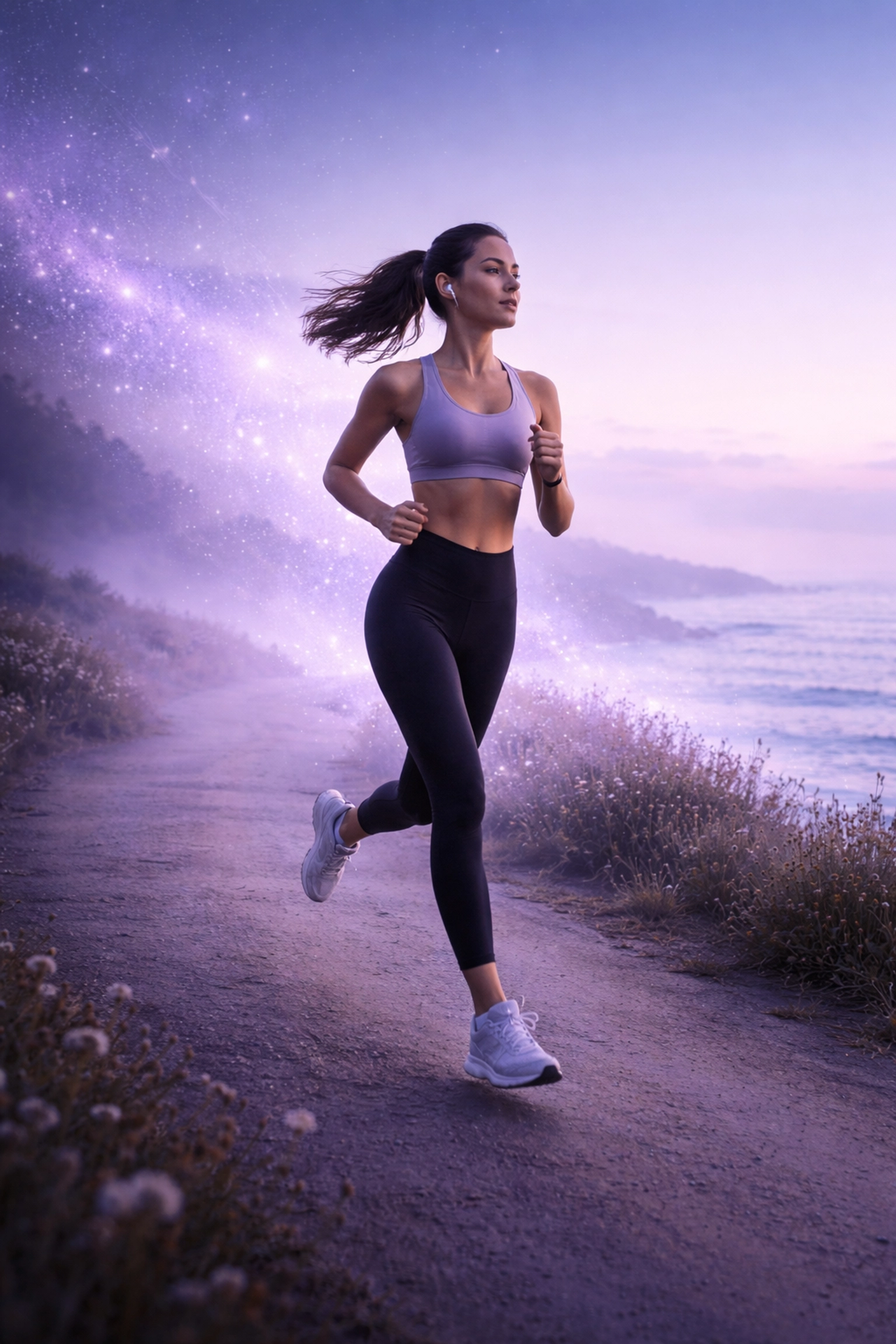 Woman jogging along a misty coastline at dawn, illustrating exercise as an anxiety relief technique