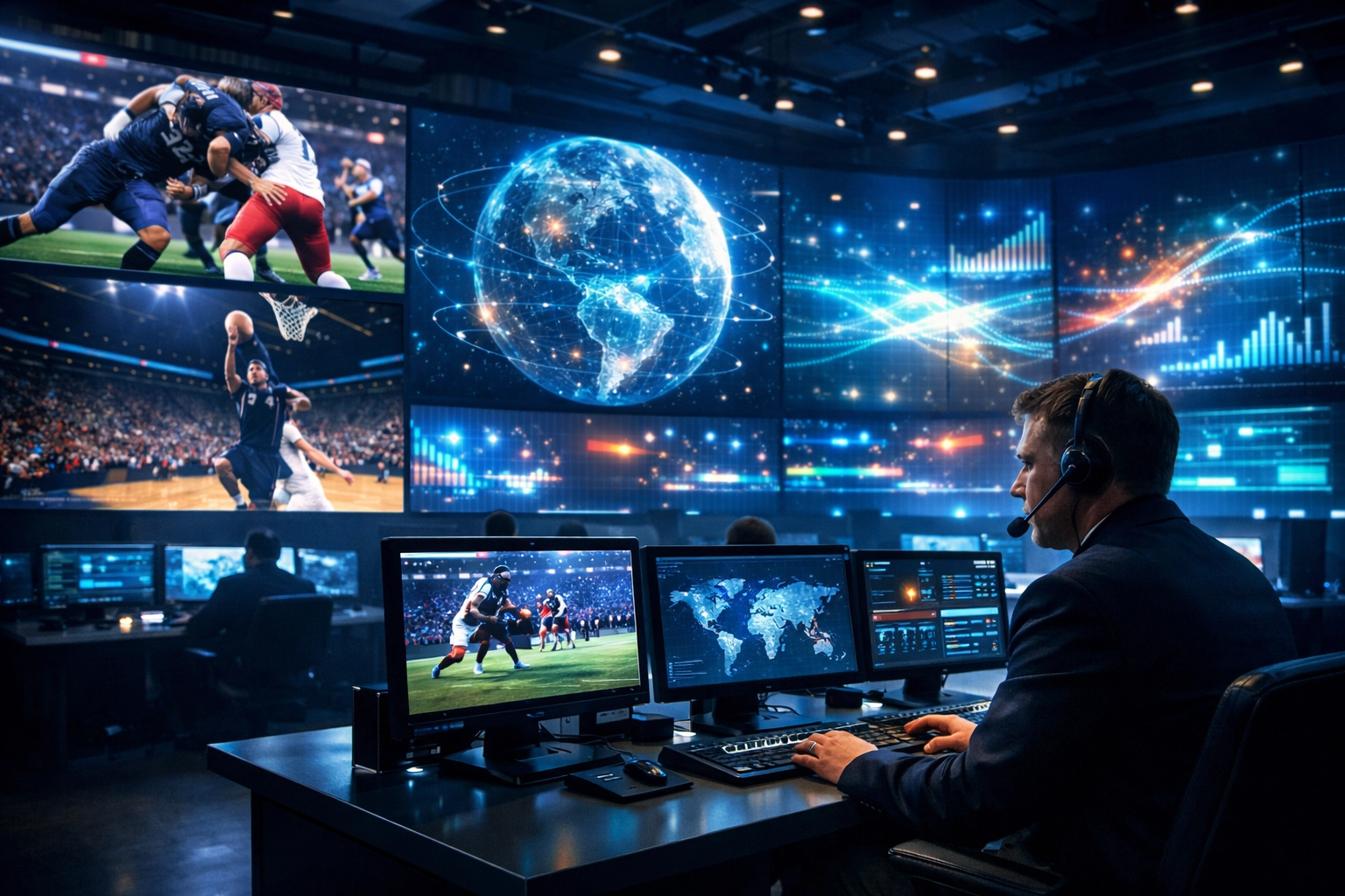 A high-tech media operations center monitoring global brand activations and digital data metrics for Dakdan Worldwide.