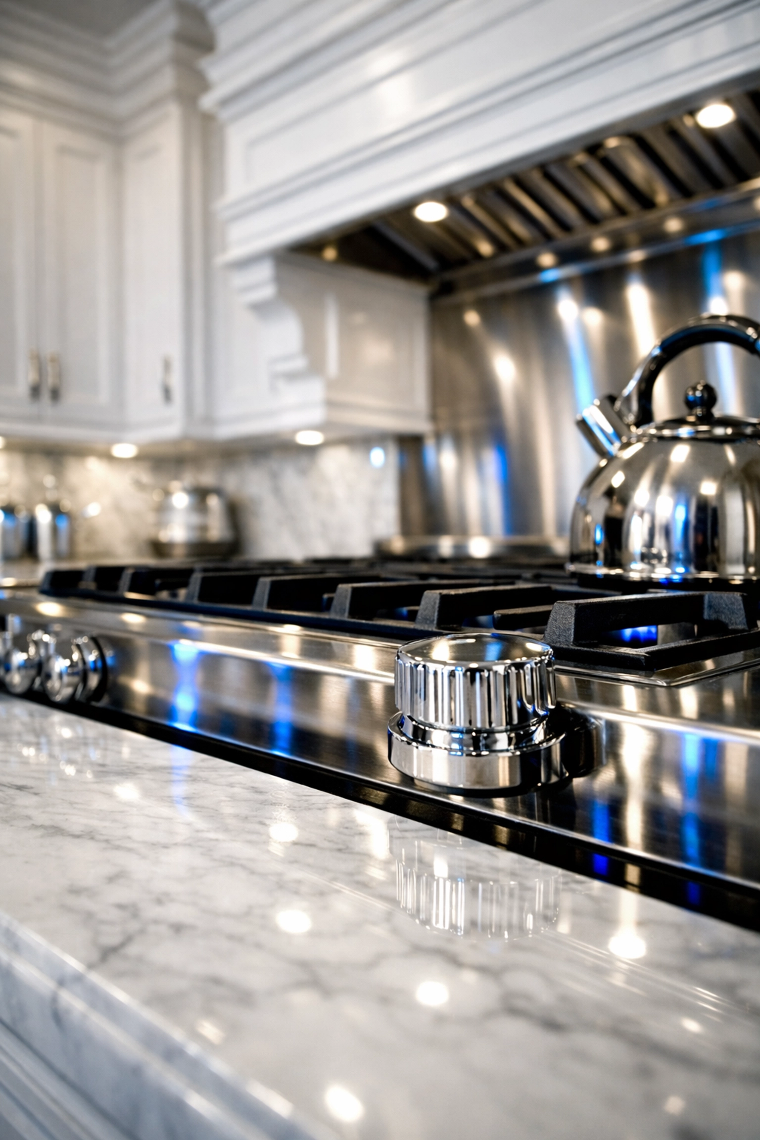Detailed deep cleaning Worcester showing a sparkling marble countertop and polished stovetop in a historic home.