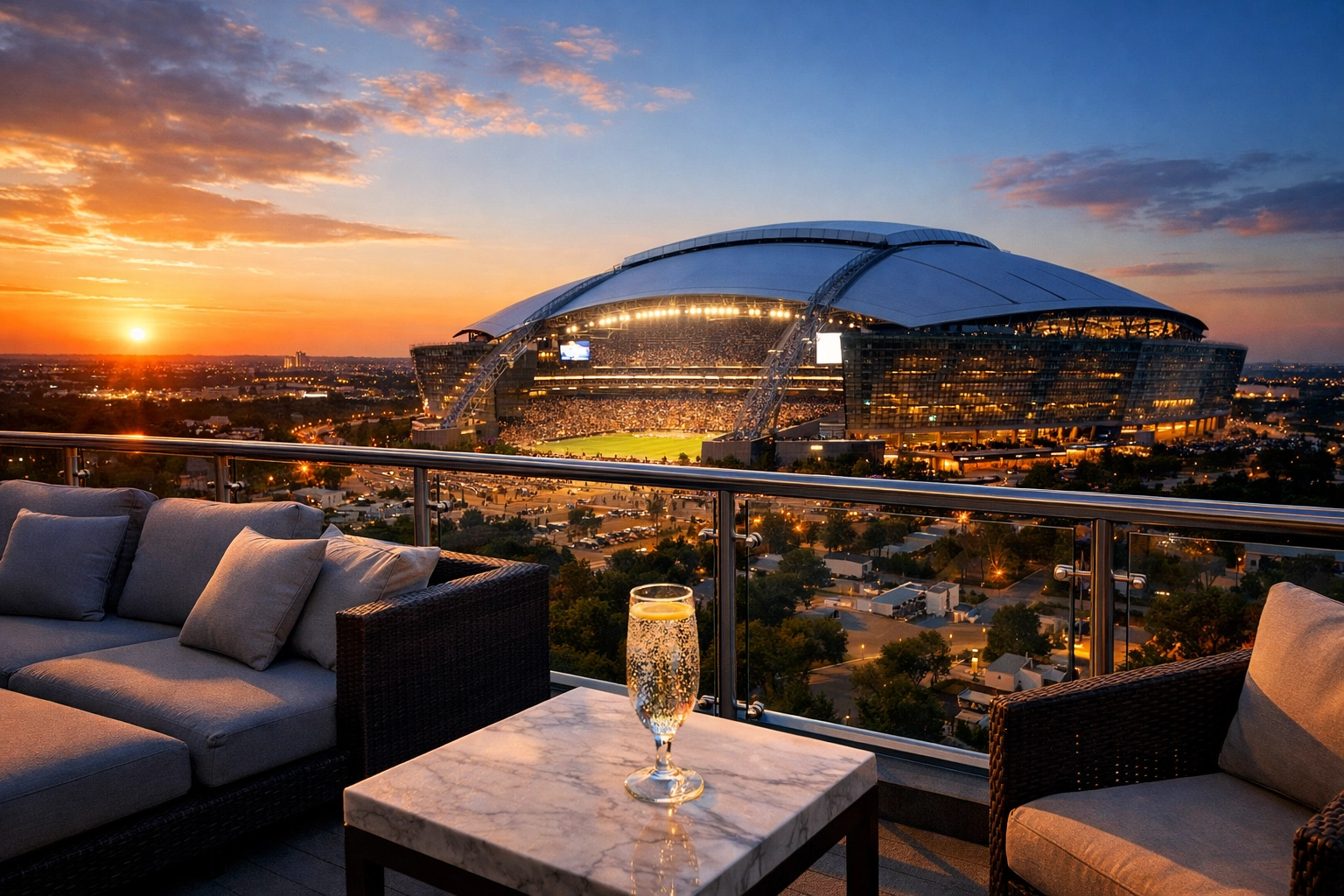 NEWSLETTER: The Ultimate Guide to Super Bowl Executive Comfort: Everything You Need to Succeed Luxury hotel balcony overlooking a football stadium, representing executive proximity and comfort.