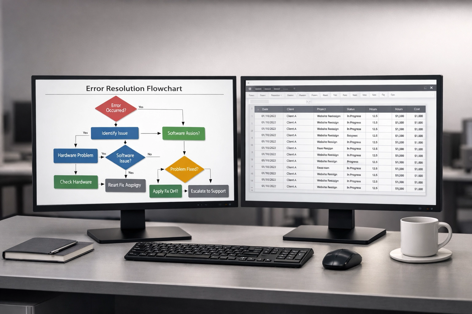 Dual monitor setup showing quality assurance checklist and tax return error resolution workflow