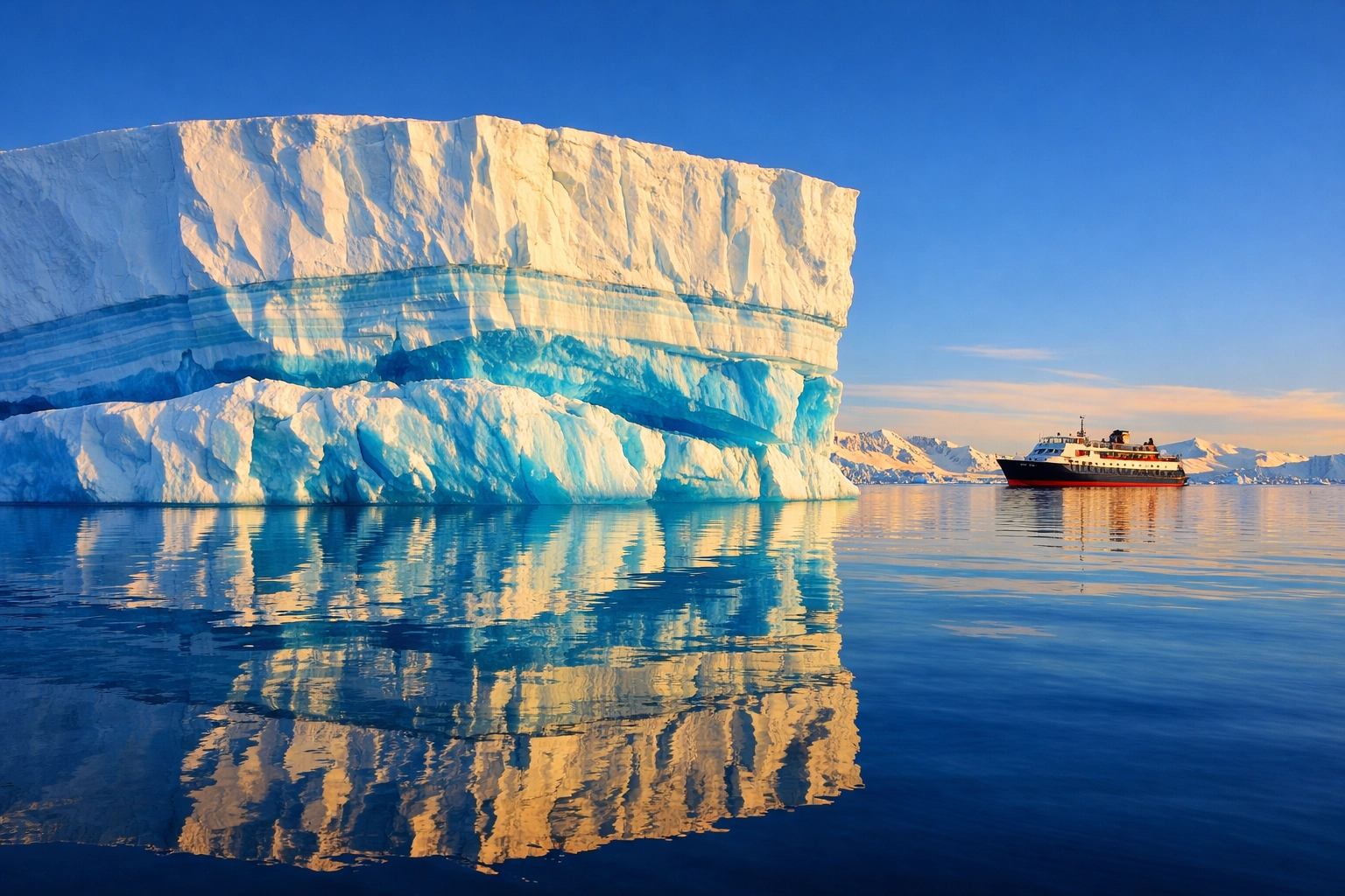 Massive Antarctic iceberg with blue glacial ice and expedition cruise ship in pristine polar waters