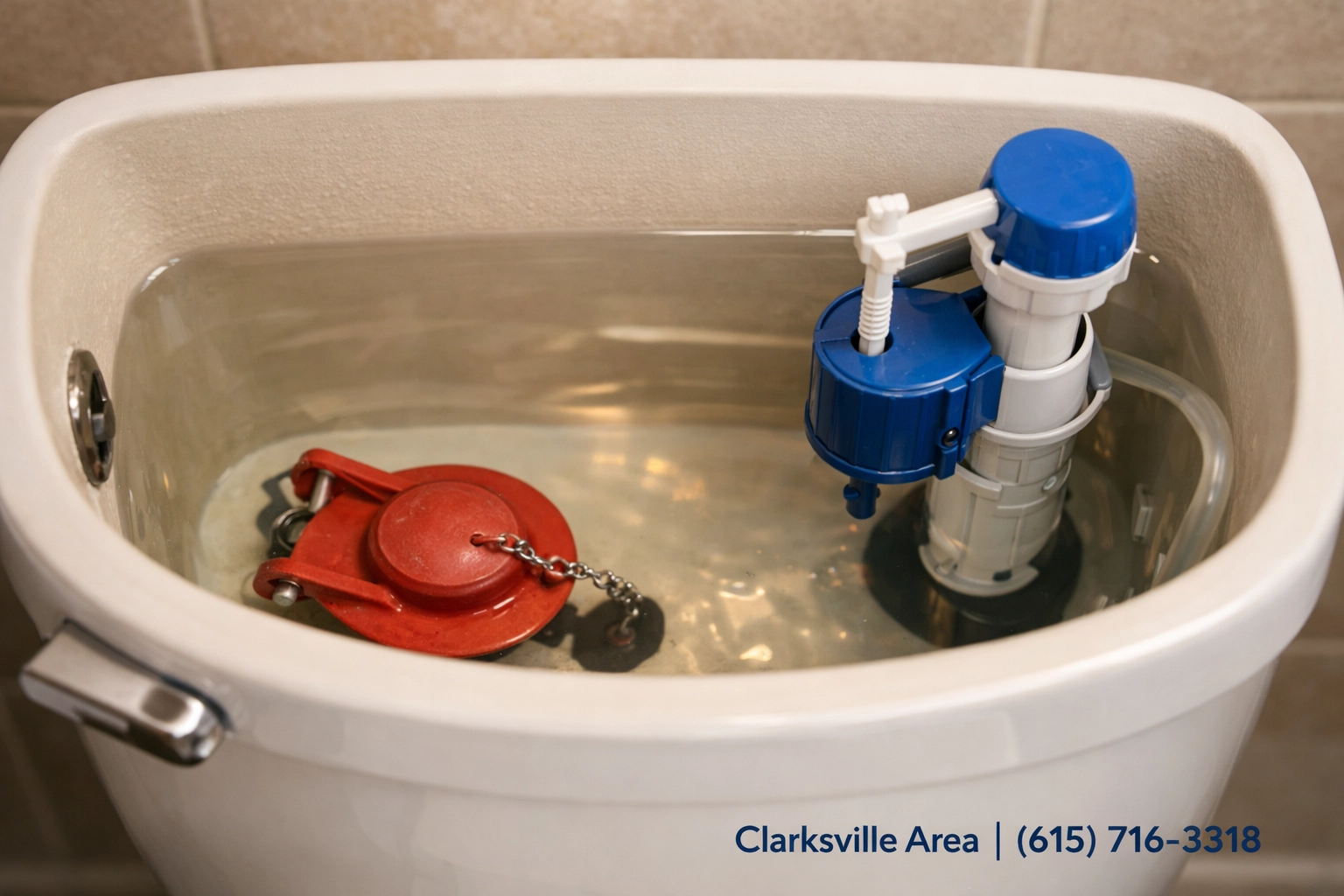 Interior of a toilet tank showing the flapper and fill valve for running toilet repair in Clarksville TN.