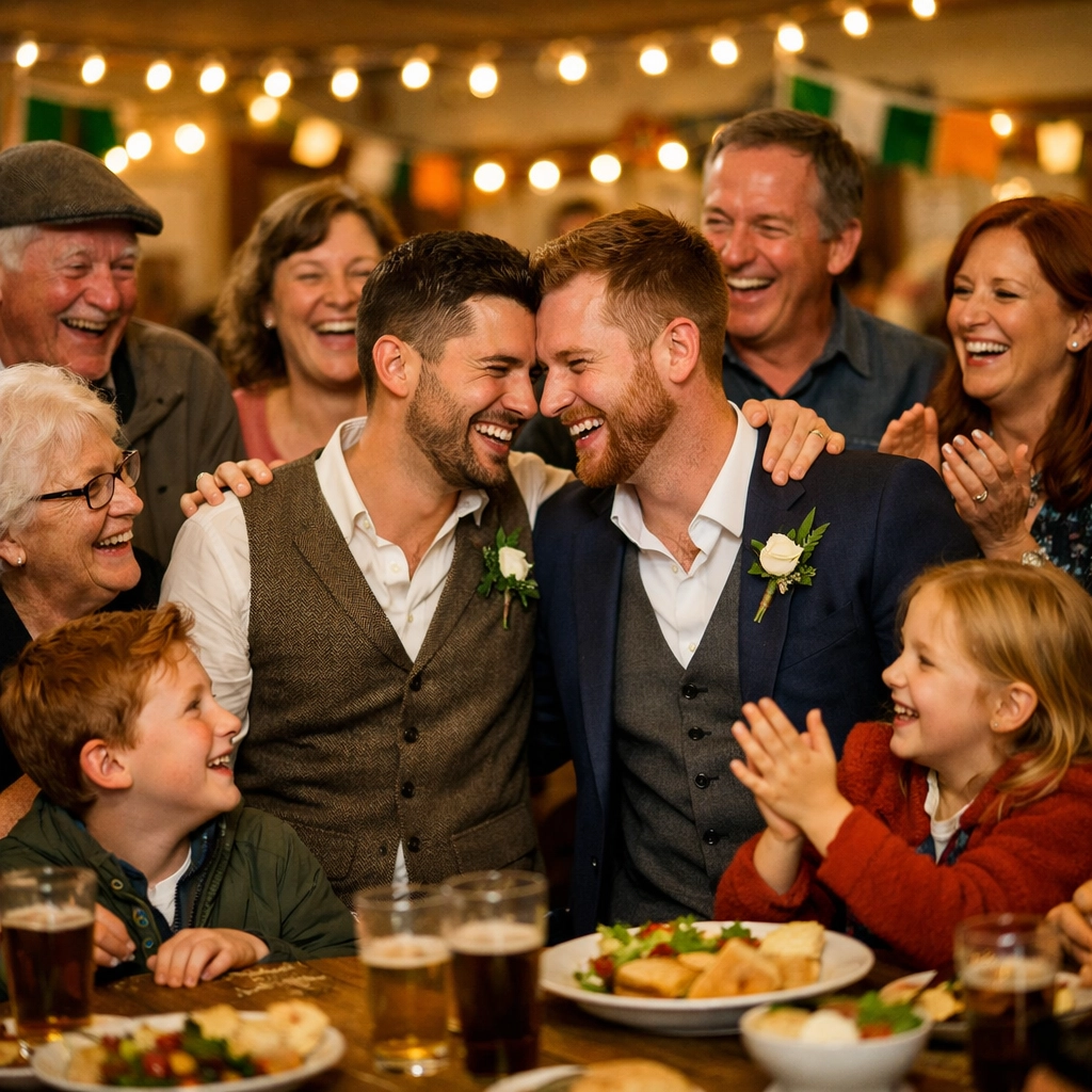 Gay couple celebrated by Irish family at parish hall reception after church blessing