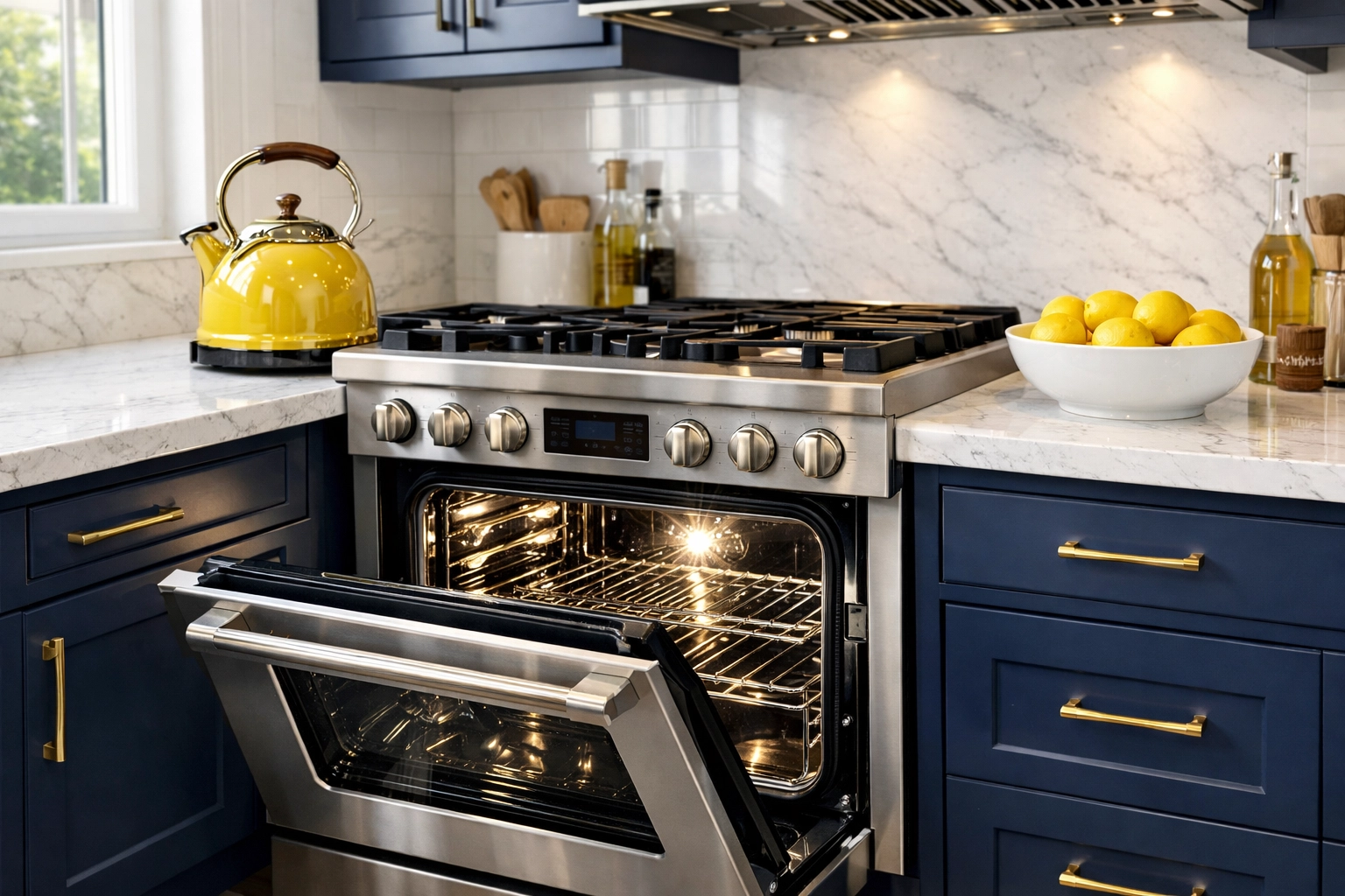 Professionally deep cleaned kitchen with a spotless oven interior and polished white marble countertops.