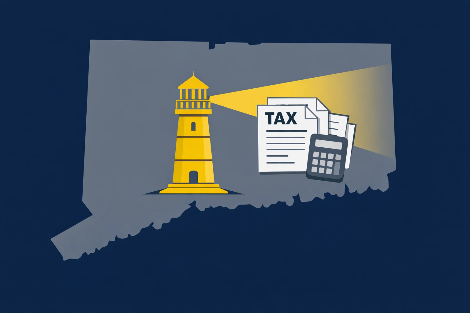 Connecticut tax map and icons representing New Haven small business tax planning and state regulations.