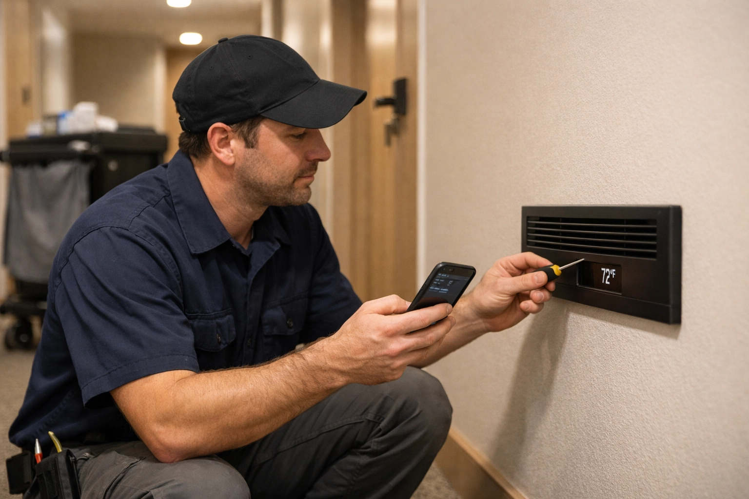 Hotel maintenance technician using a smartphone to manage automated work orders in a modern guest corridor.