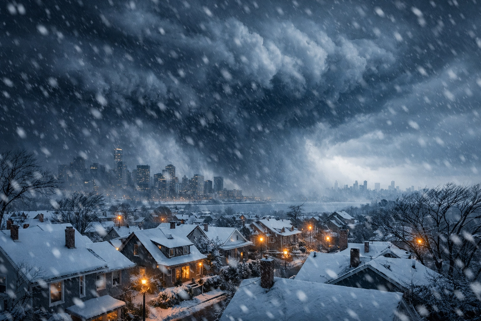 Winter storm approaching Northeast neighborhood with snow-covered homes and street lights glowing