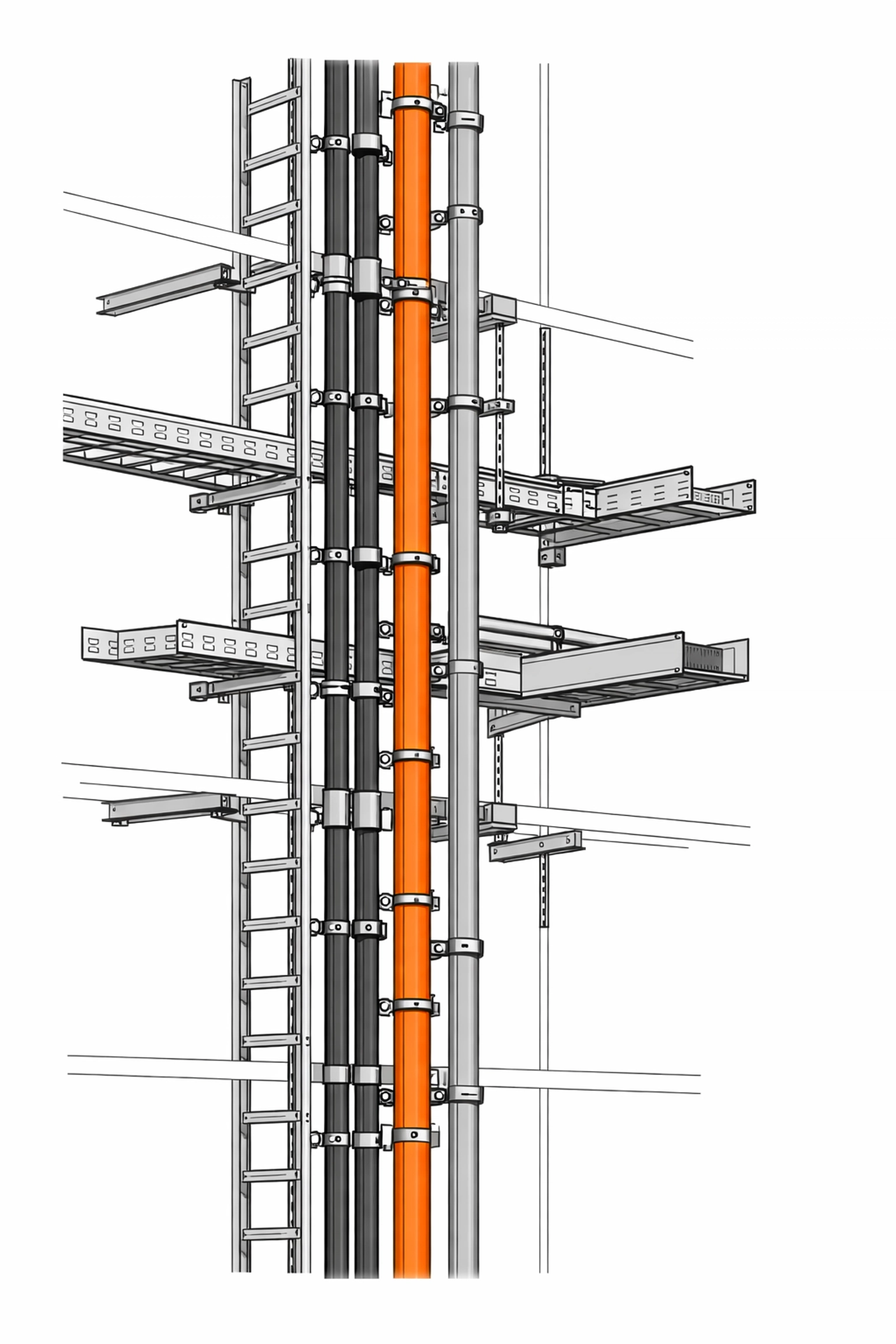 Technische Darstellung von Steigleitungen und Kabeltrassen in Wiener Gebäude-Infrastruktur.