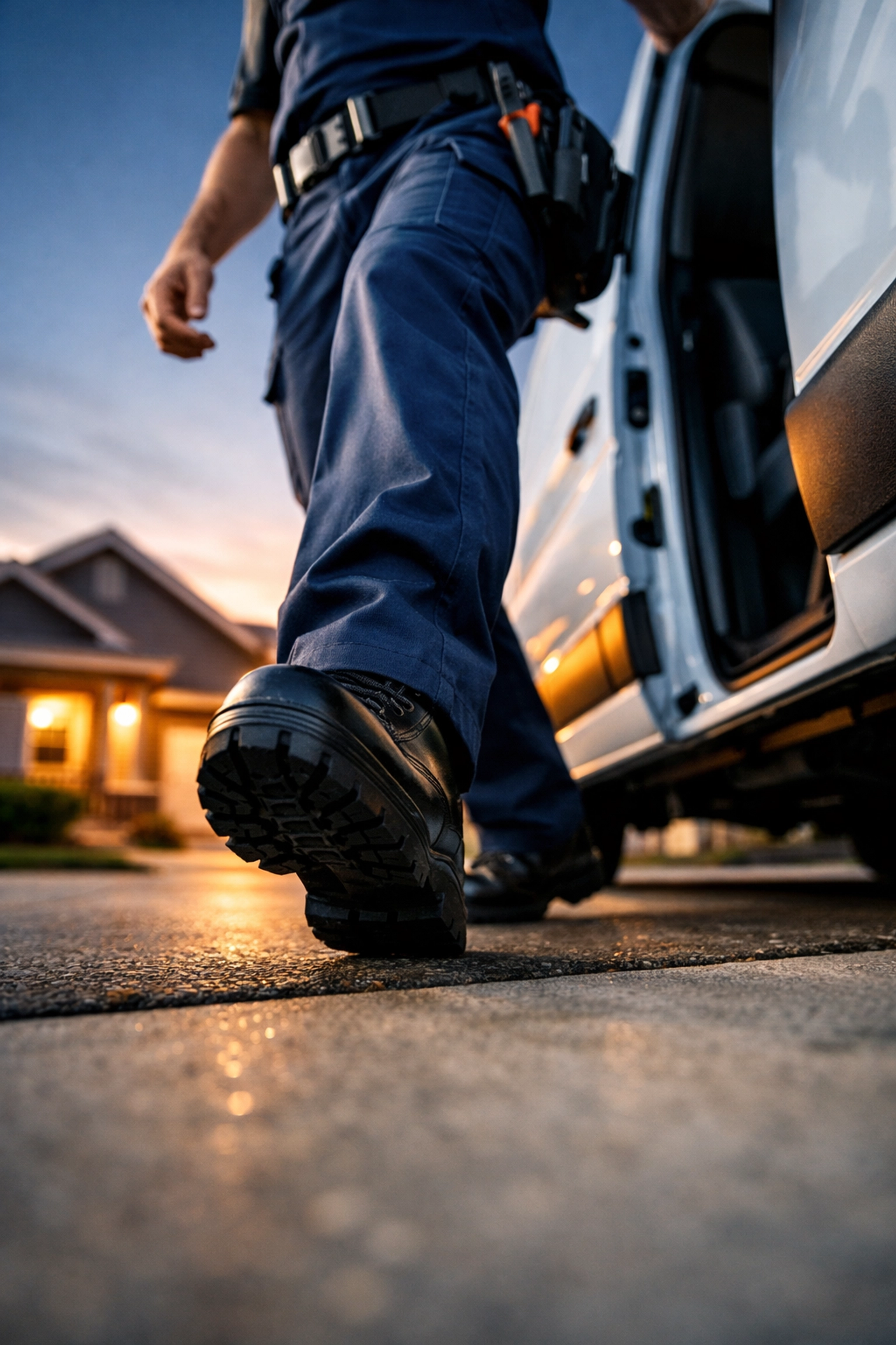 HVAC service technician arriving at a customer home in a professional response van.