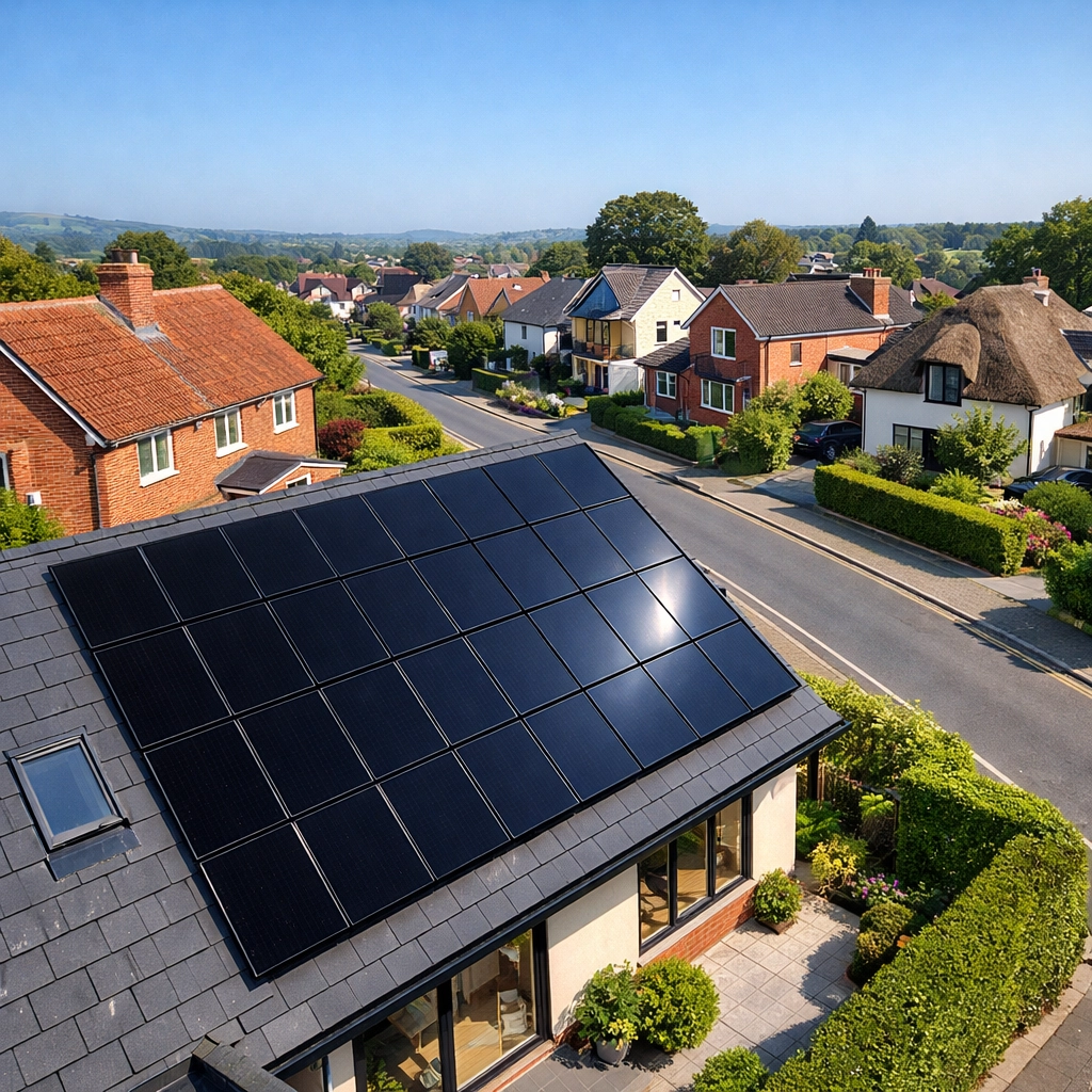Professional solar panel installation on a modern Dorset home roof in a residential neighbourhood.