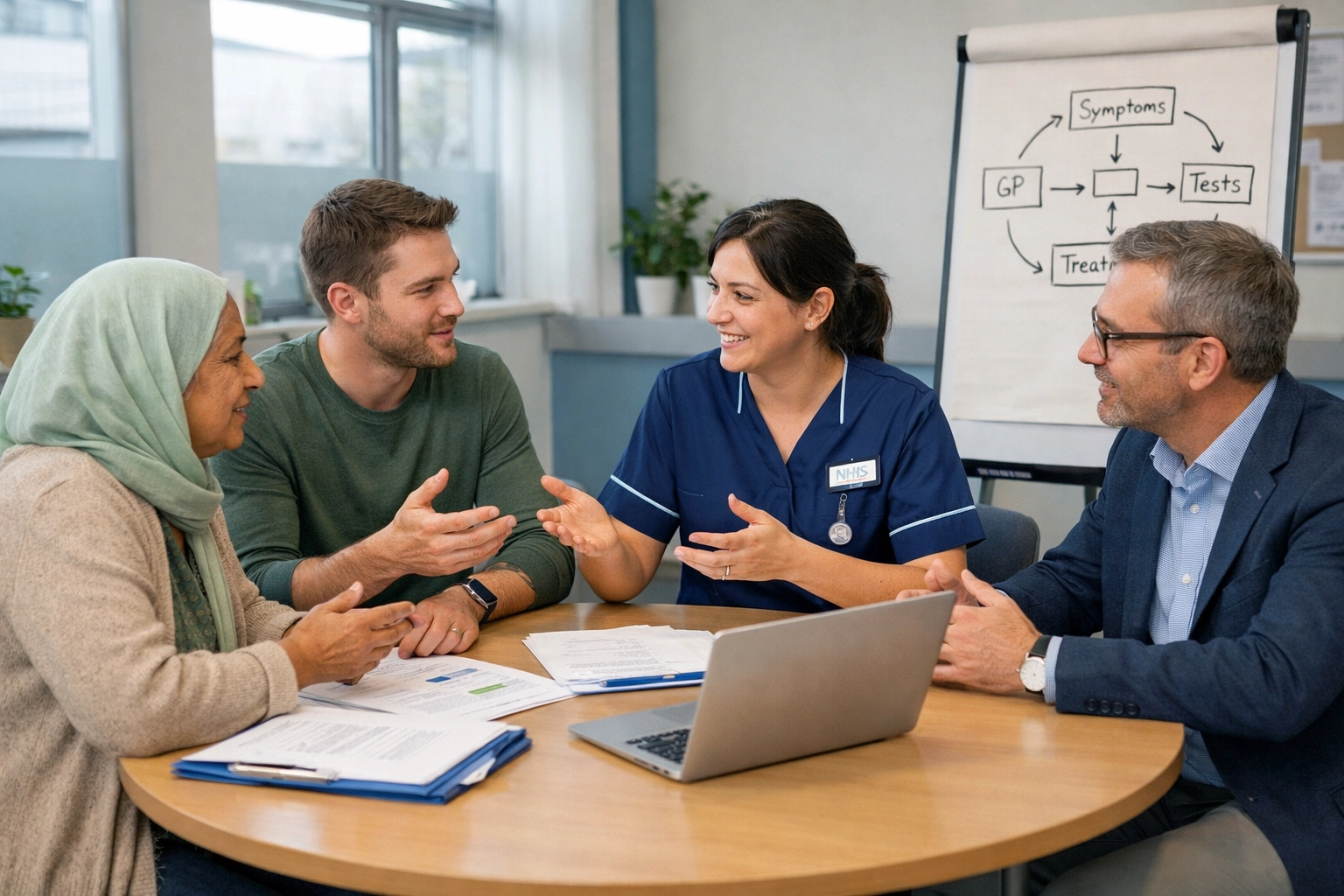 Patients, NHS staff and Life Sciences representatives collaborating on respiratory care solutions
