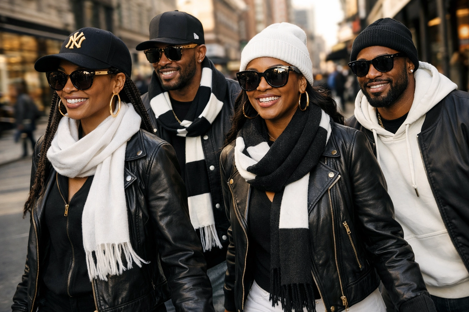 A group of stylish Black friends wearing coordinated accessories to support Black-owned businesses.
