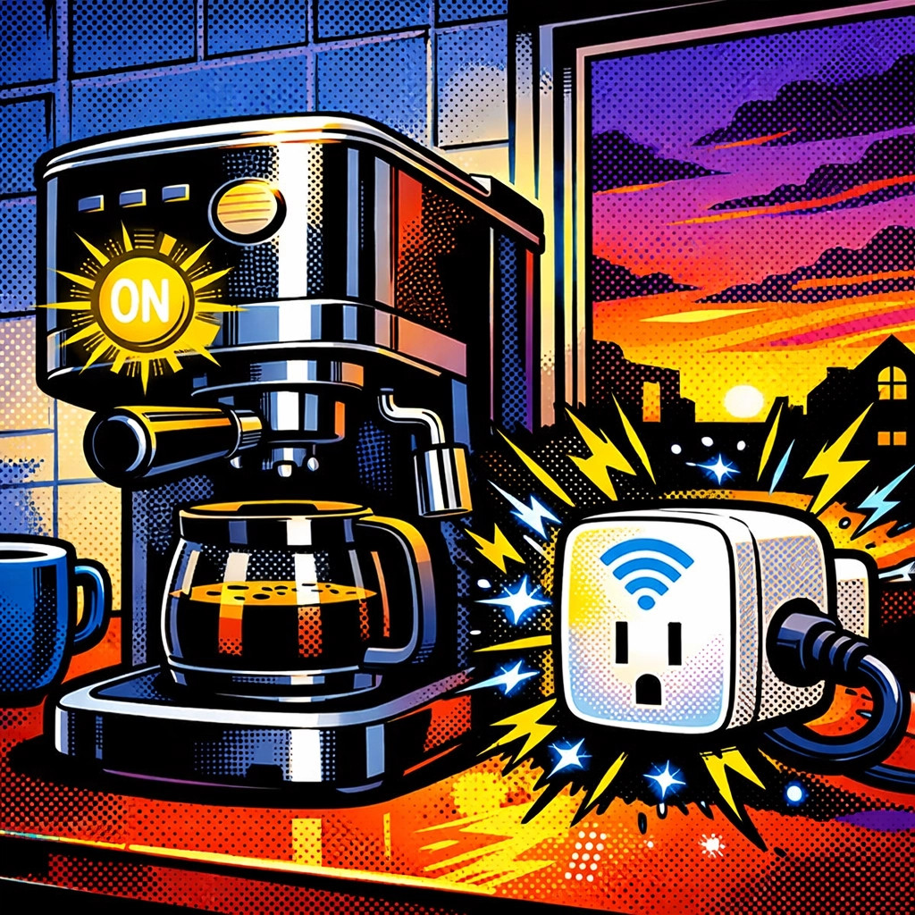 Pop art illustration of a smart plug automating a coffee machine, the first step in ai business automation.