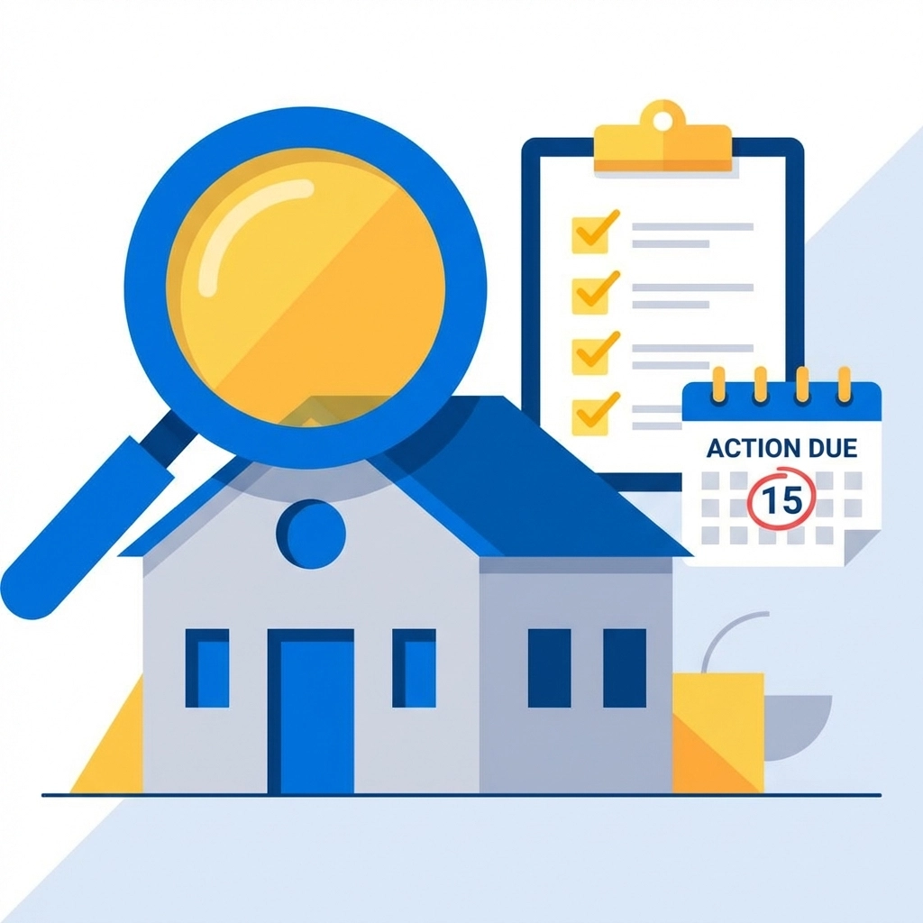 Magnifying glass over a house with checklist and calendar, illustrating property tax assessment review in New Haven