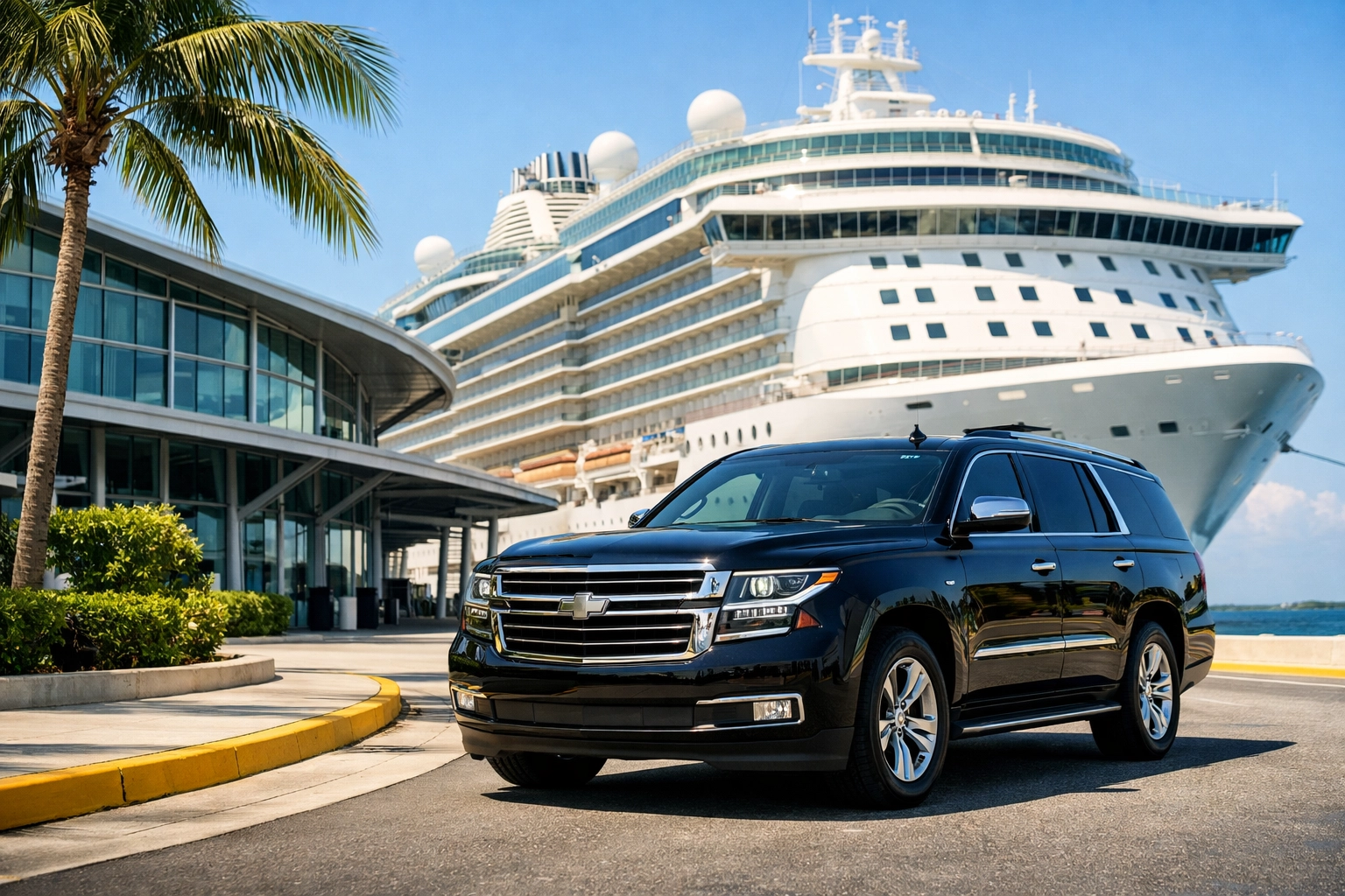 A luxury black SUV arriving at the Port Canaveral cruise terminal for a professional chauffeur drop-off.