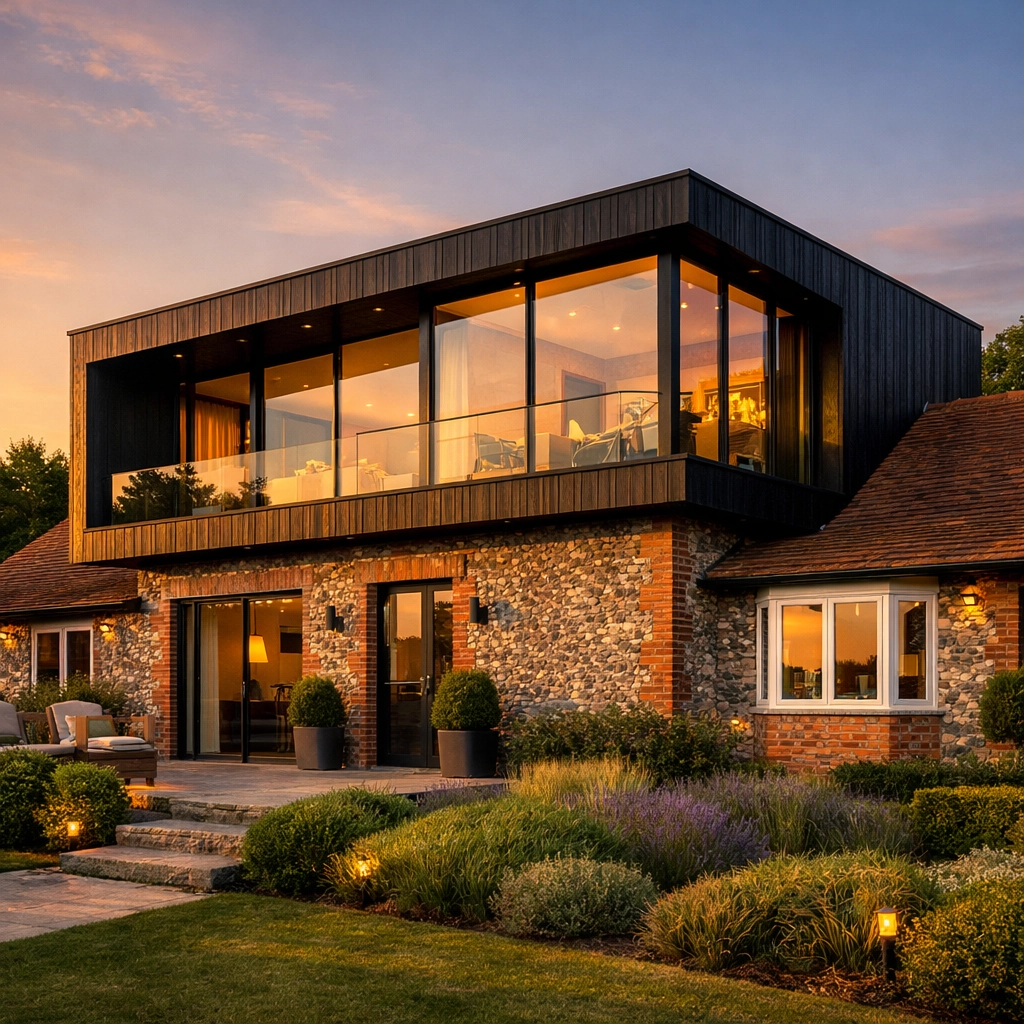 Modern second floor transformation of a West Sussex bungalow with charred timber cladding.