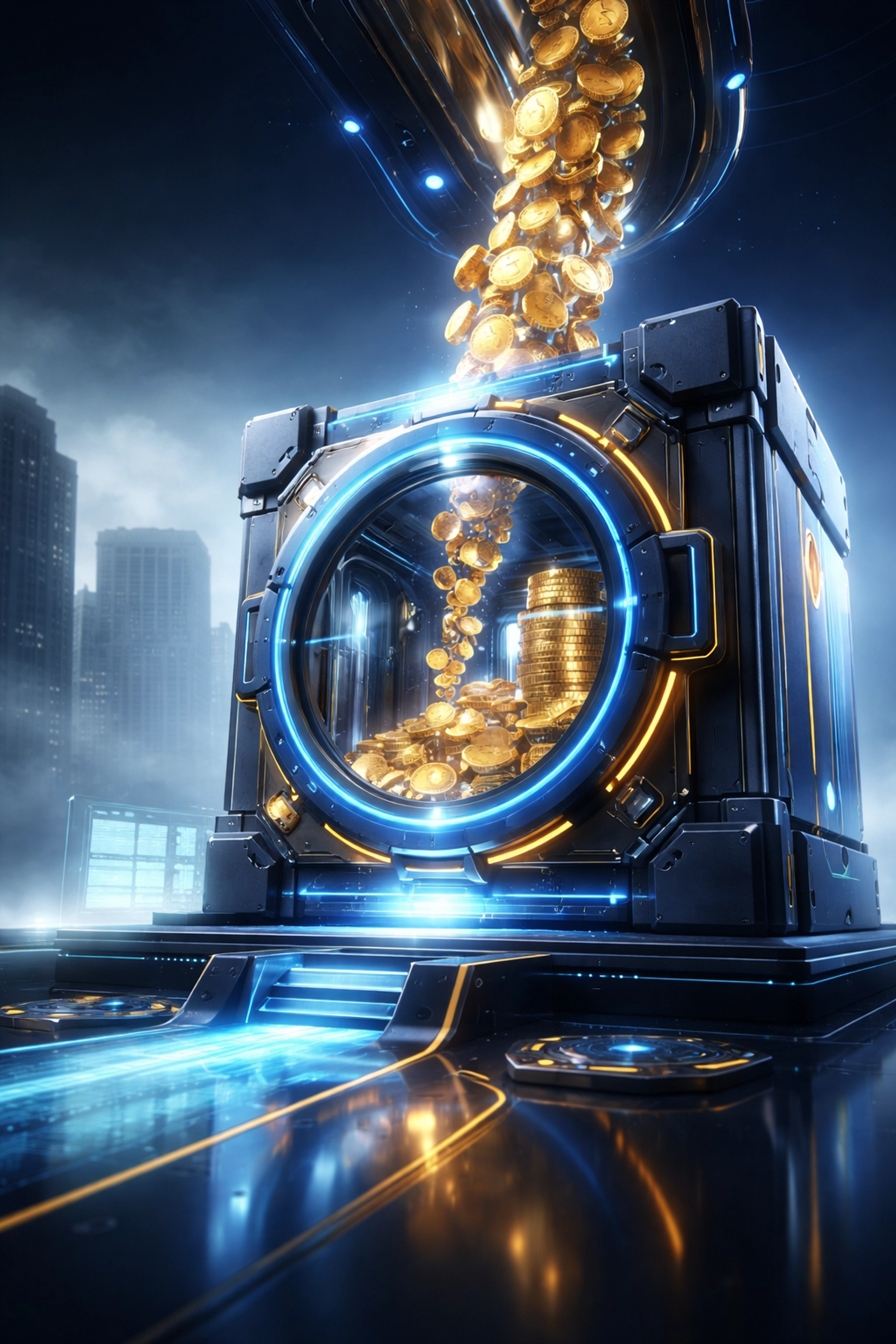 Secure digital vault illustrating self-custody merchant accounts with cryptocurrency for reducing interchange fees