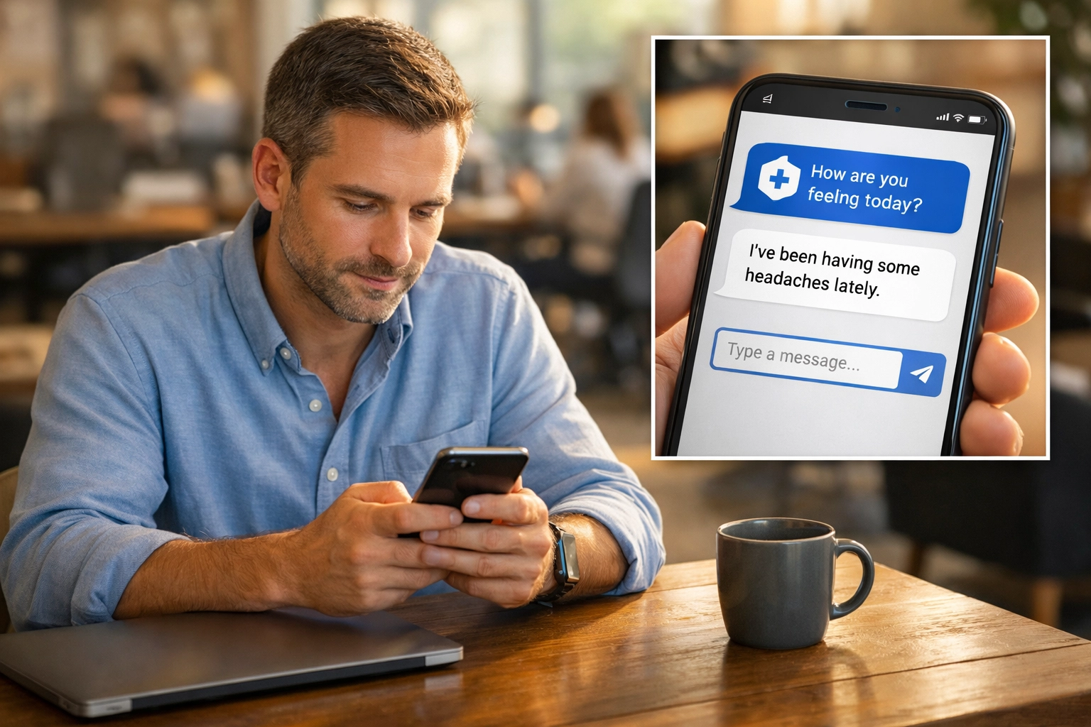 Man using secure medical messaging on a smartphone for convenient 24/7 online doctor care at his desk.