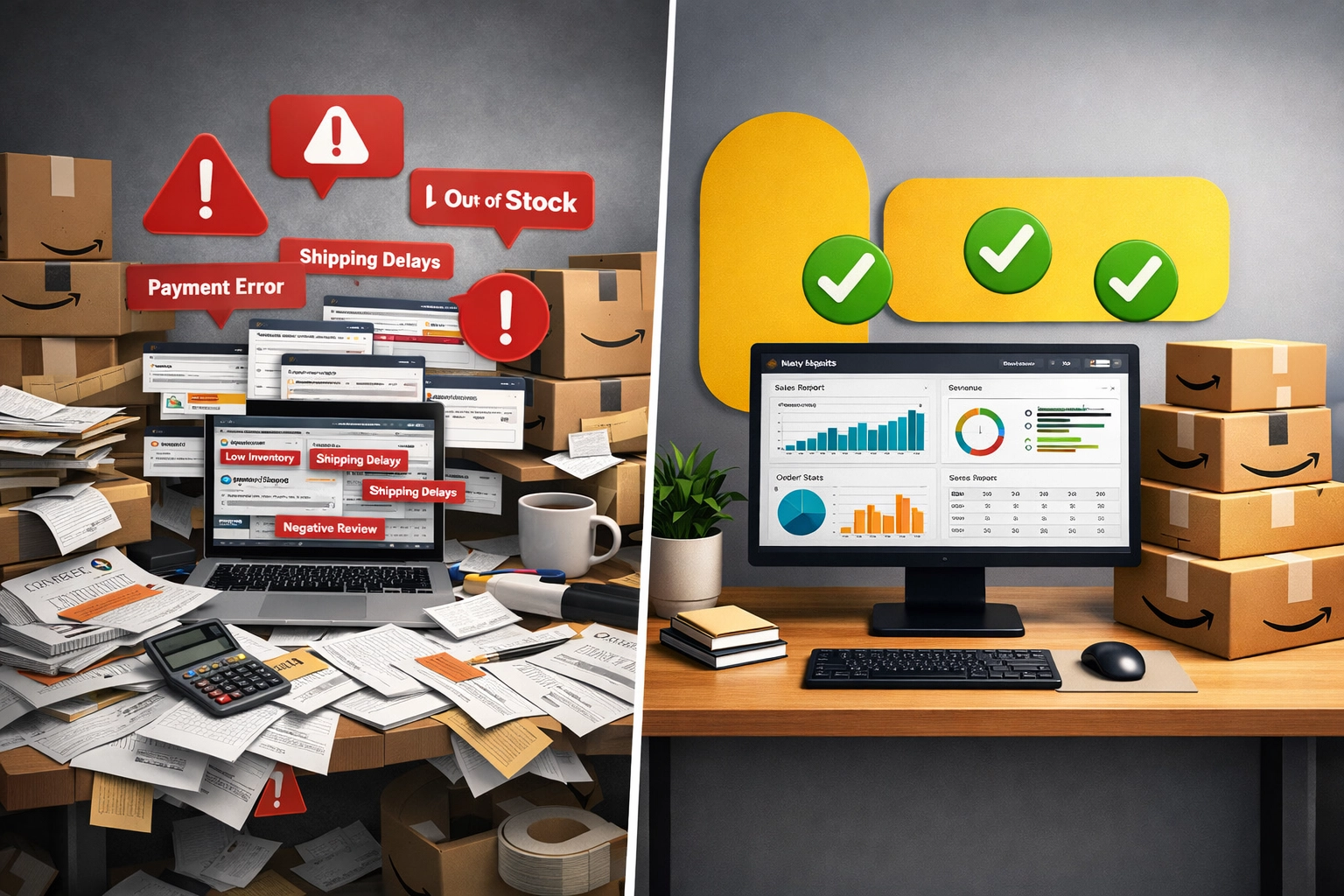 Chaotic vs organized Amazon seller workspace showing foundation stability before agency partnership