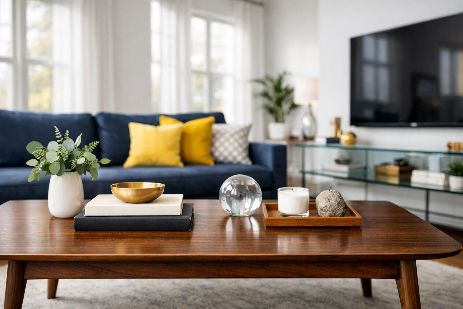 Dust-free living room with a clean coffee table and organized mid-century furniture.
