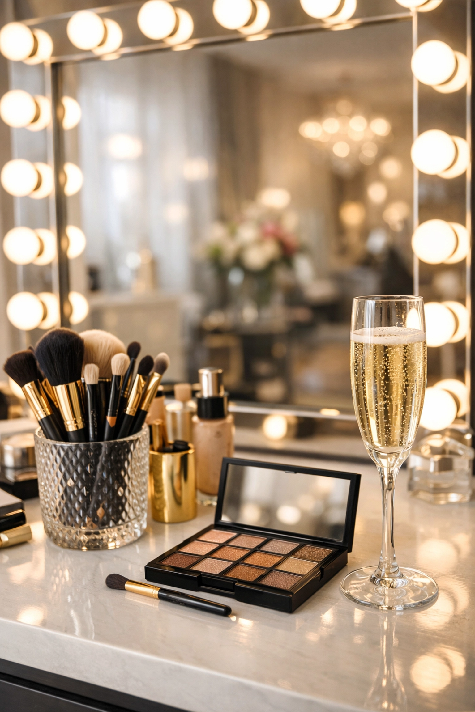 Professional makeup vanity with a Hollywood mirror and champagne for a luxury boudoir experience.