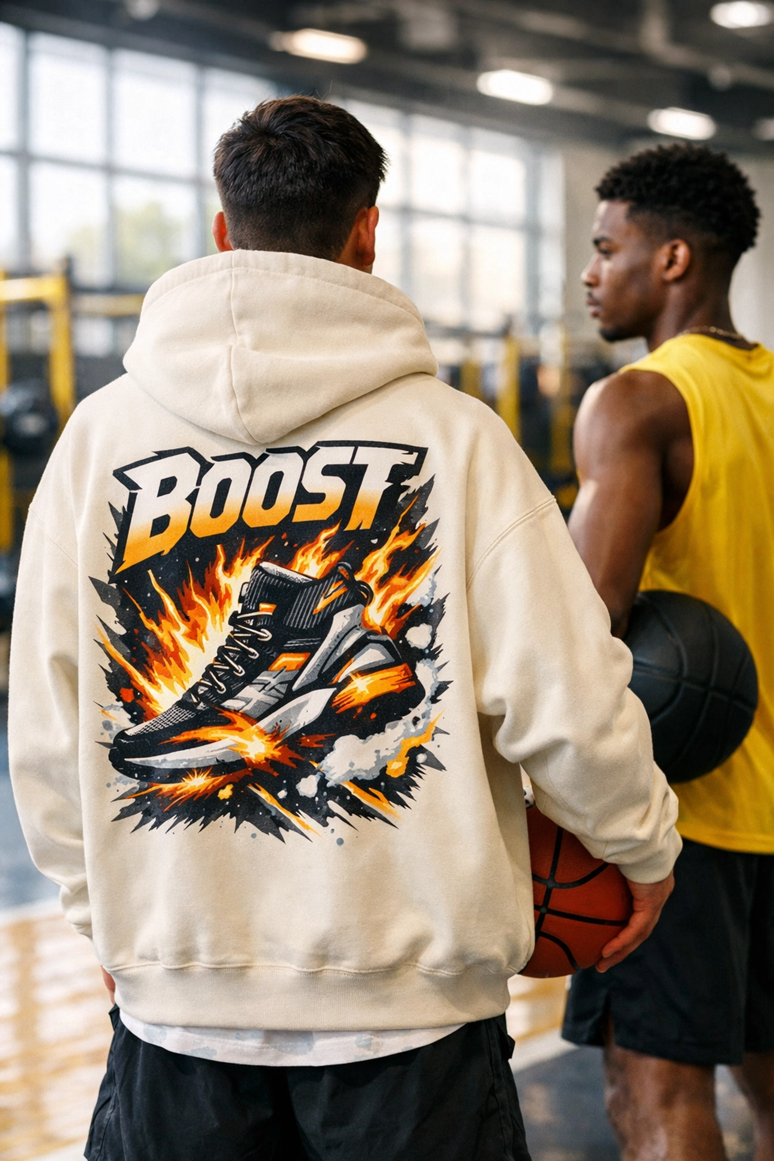 Athlete wearing a stylish cream-colored hoodie with a massive athletic back print at a sports academy.