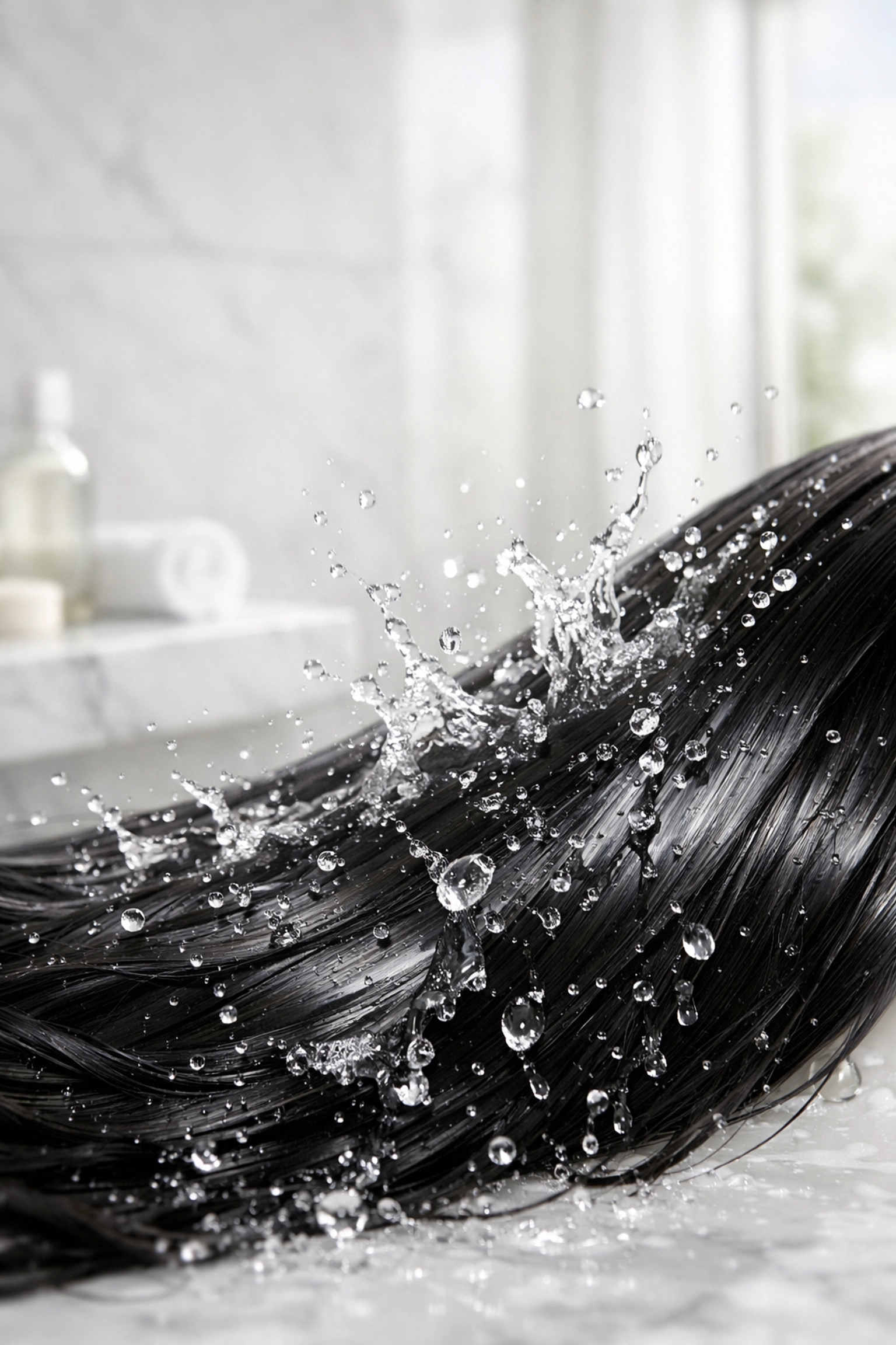 Close-up of cold water rinsing hair to seal the cuticle and protect color.