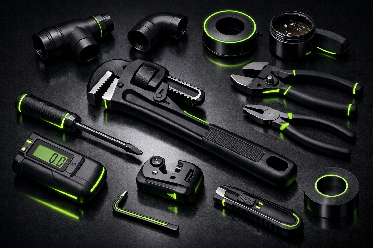 Professional plumbing tools with neon accents for Jefferson City service providers.