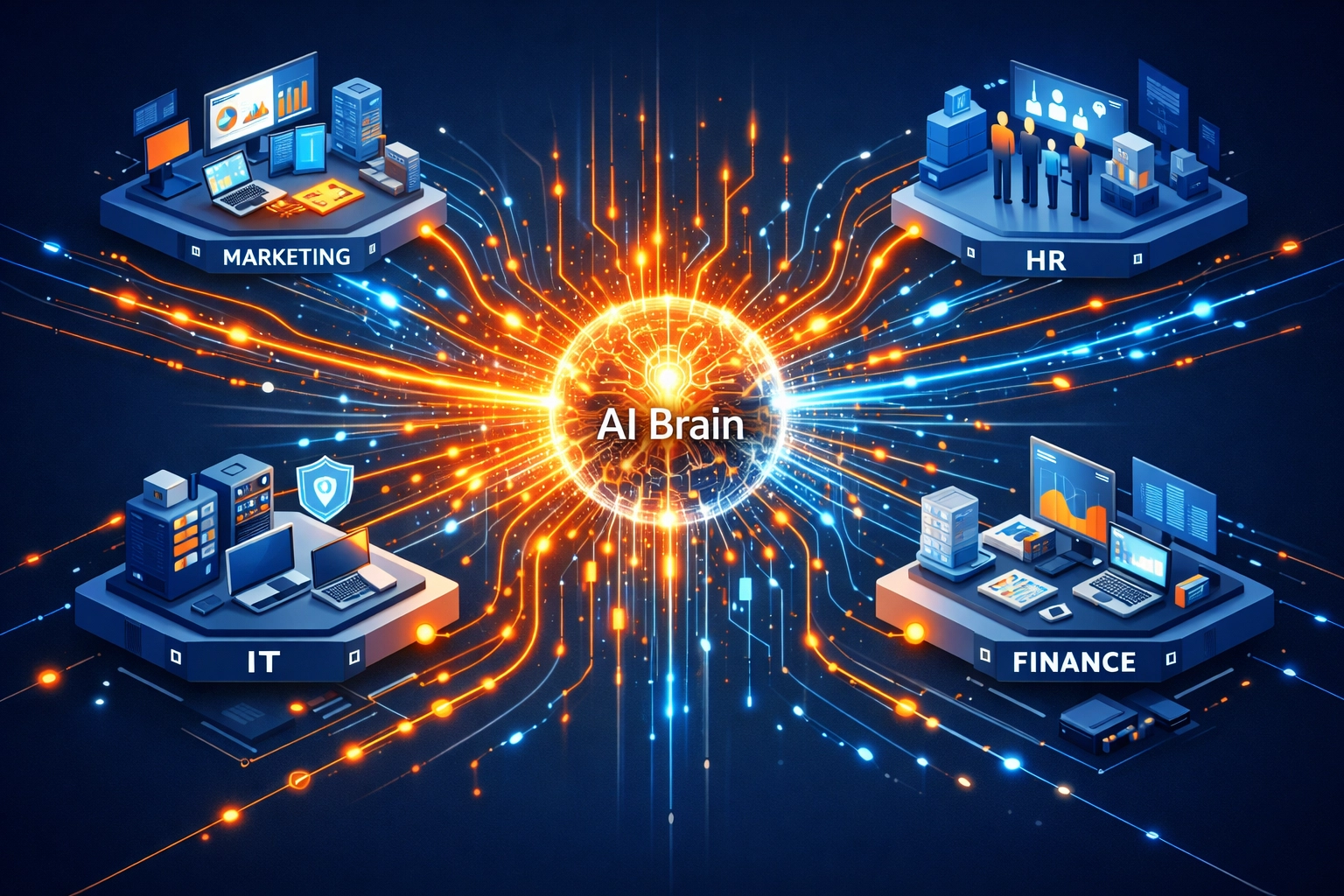 Vernetzte Unternehmensstruktur mit einem zentralen KI-Hub für die erfolgreiche Integration von KI-Tools.