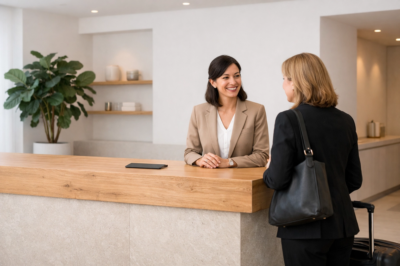 Boutique hotel staff providing personalized guest service at a minimalist reception desk.
