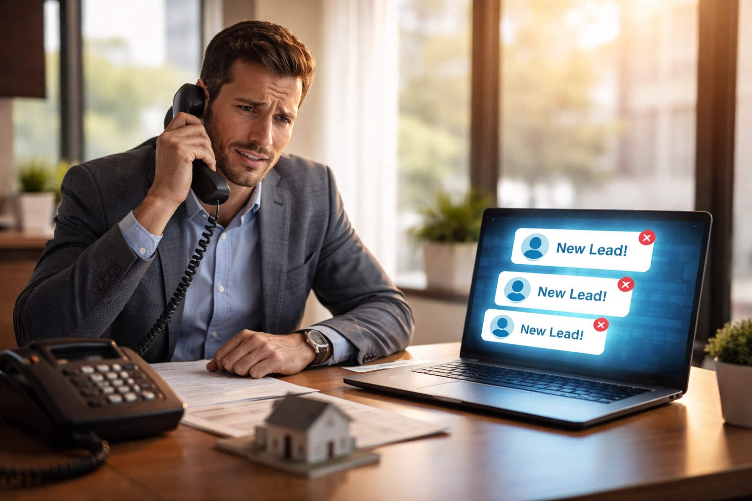 Frustrated real estate agent at desk with old phone and laptop, illustrating shift from cold calling to digital lead generation.