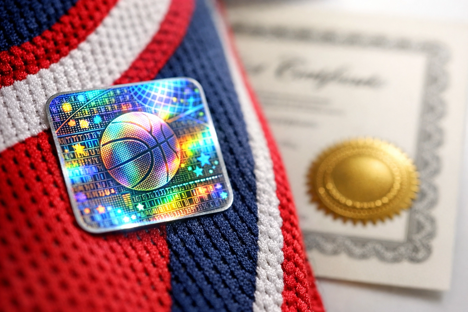Security hologram sticker and certificate of authenticity for authentic sports memorabilia verification.