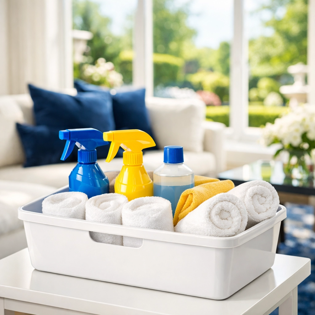 Professional house cleaning kit in a bright Shrewsbury living room showcasing attention to detail.