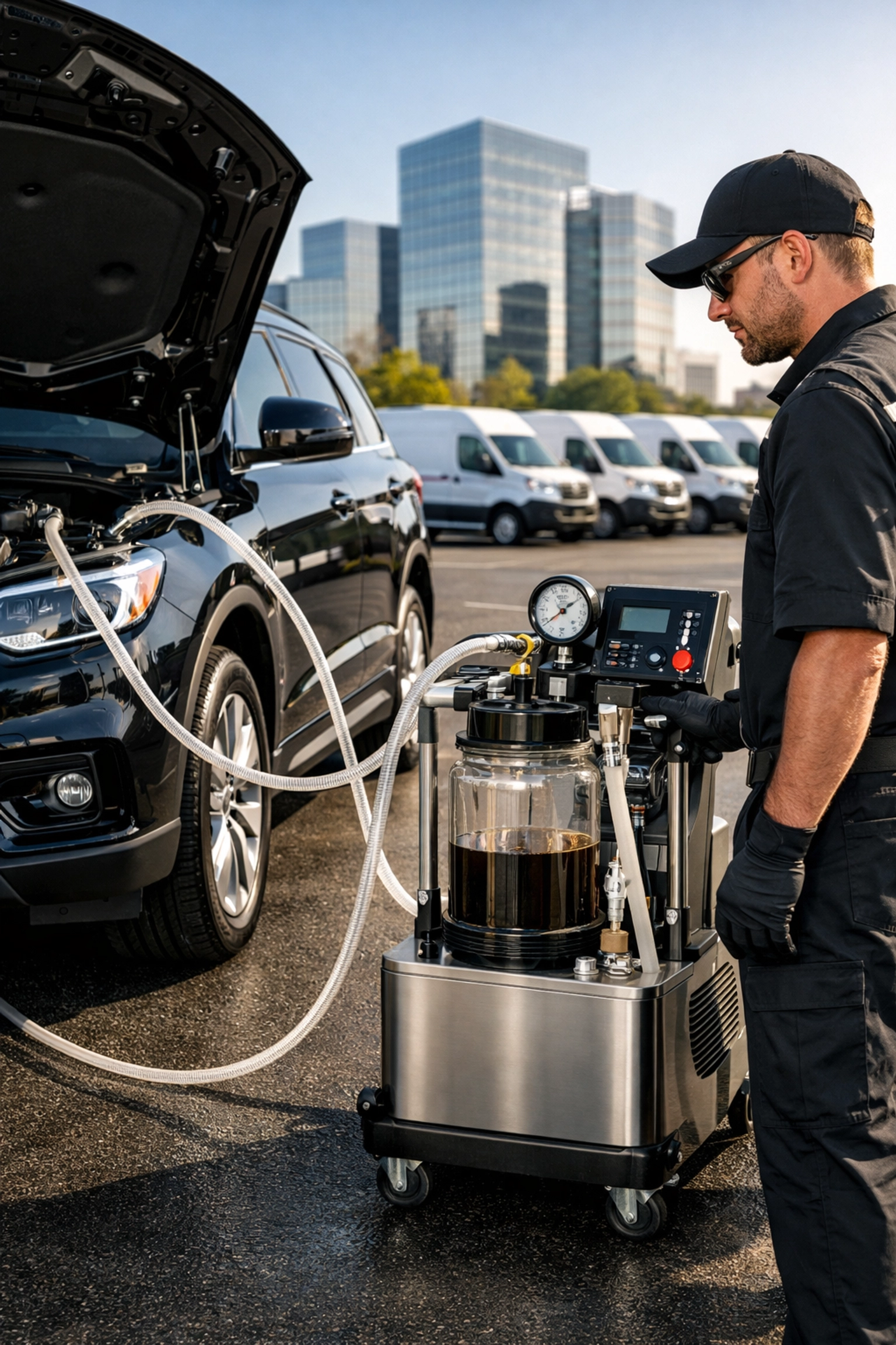 Clean onsite mobile oil change in Green Bay using vacuum extraction to prevent spills at work.