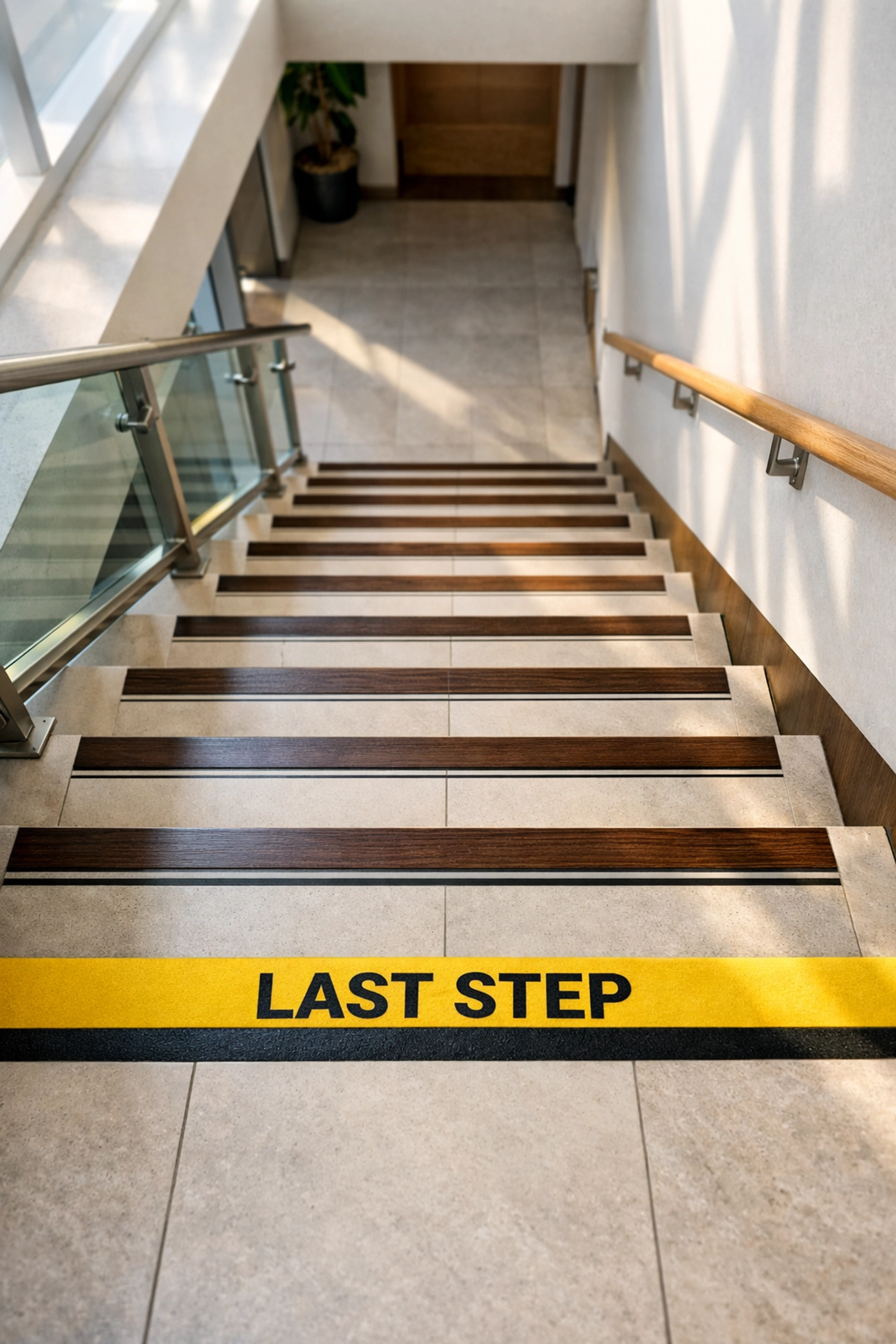 Modern indoor stairs with high-contrast non-slip strips on step edges to prevent tripping and falls.