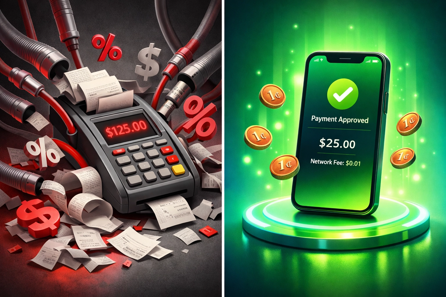 Comparison showing traditional payment fees versus LarePAY gas-only transaction costs
