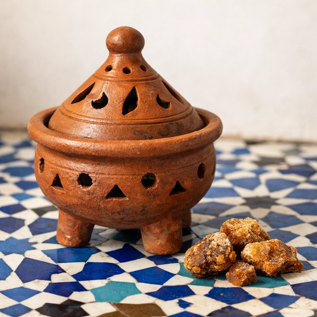 Traditional Moroccan Majmar burner with الحلتيت resin, highlighting authentic أعشاب مغربية أصيلة.
