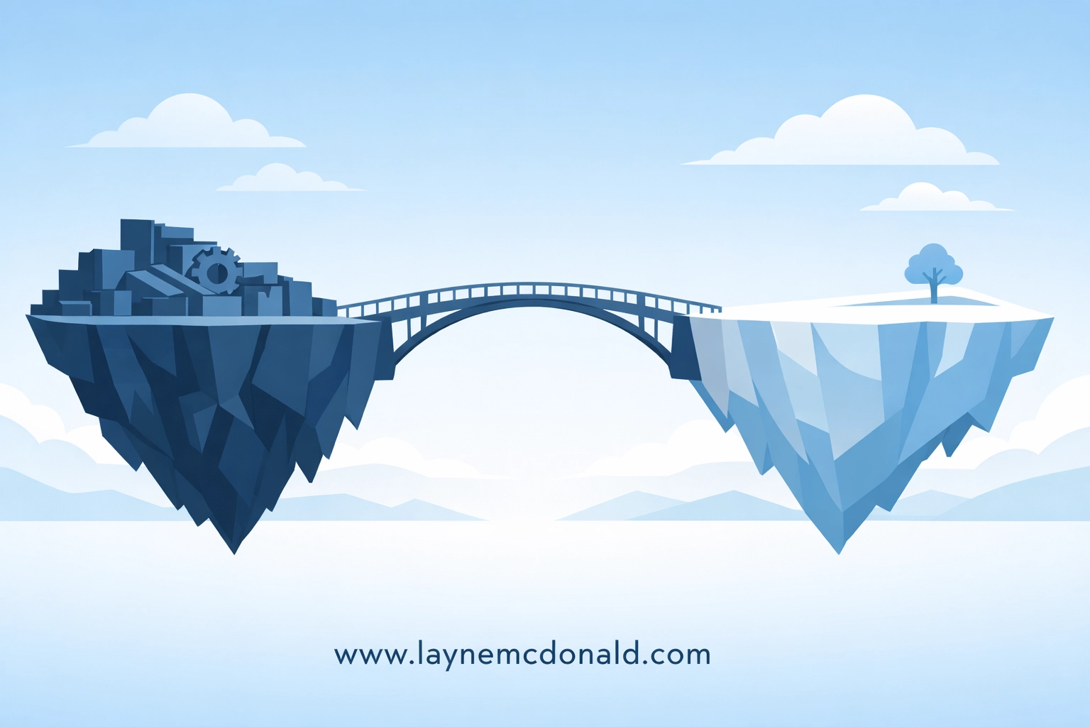 A vector bridge connecting cluttered and clear islands, symbolizing effective communication in faith-based media.