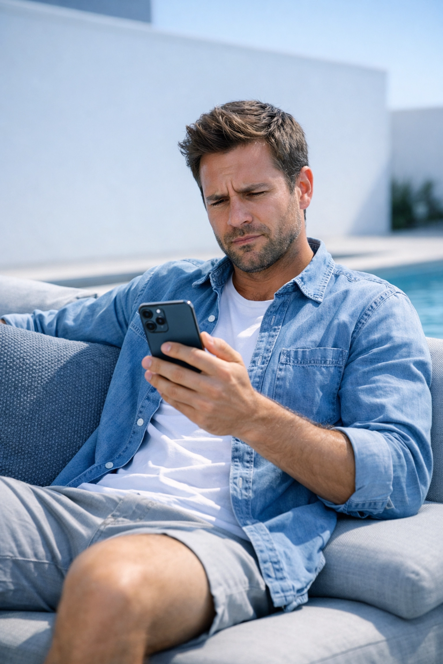 A frustrated homeowner on a sunny Cape Town patio struggling with a poor outdoor WiFi signal on their smartphone.