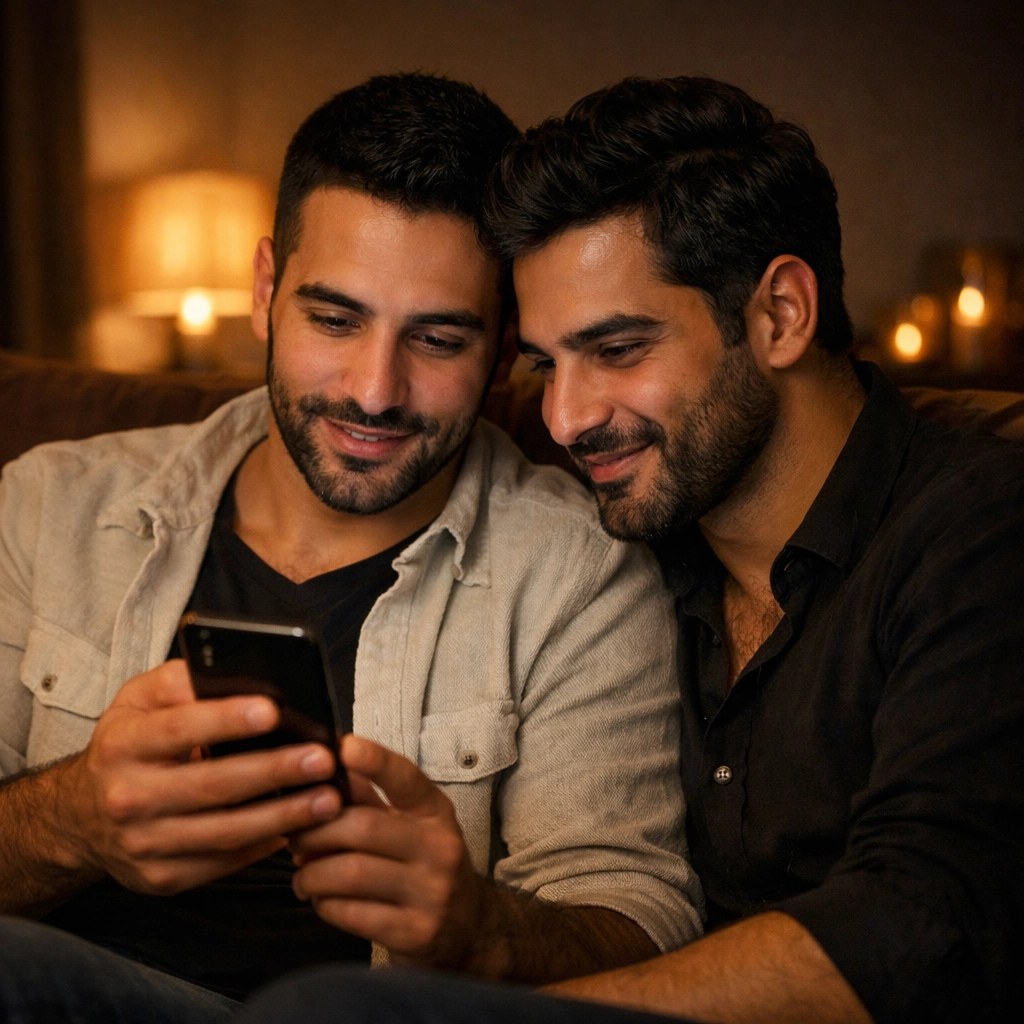 Two Middle Eastern men sharing a private, safe moment while connecting through a smartphone in a secret space.