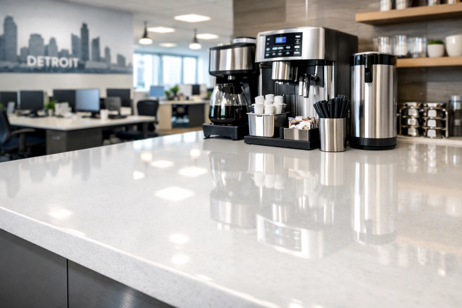 Clean white quartz countertop in a modern Detroit office breakroom showing professional janitorial detail.