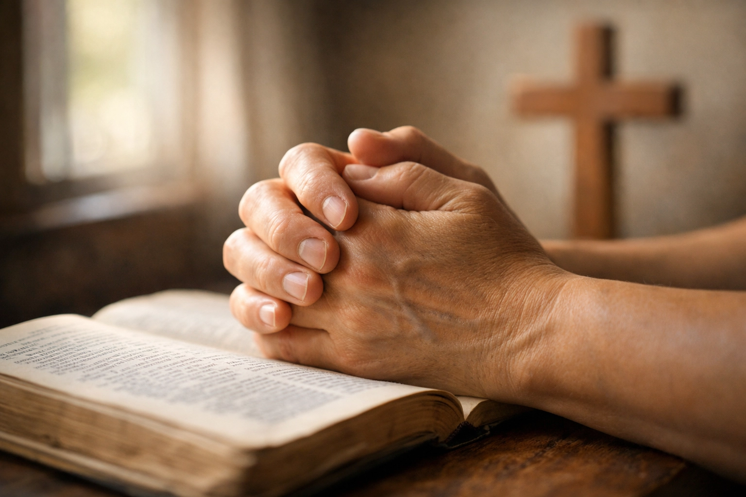 Hands clasped in prayer over open Bible with wooden cross representing Christian faith and intercession