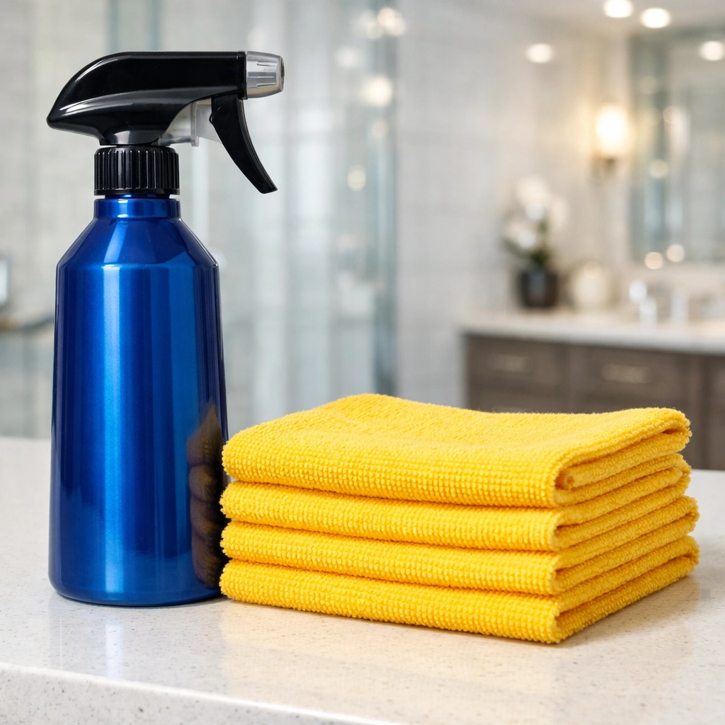 Professional cleaning supplies and a sanitized bathroom by house cleaning services in Lexington, MA.