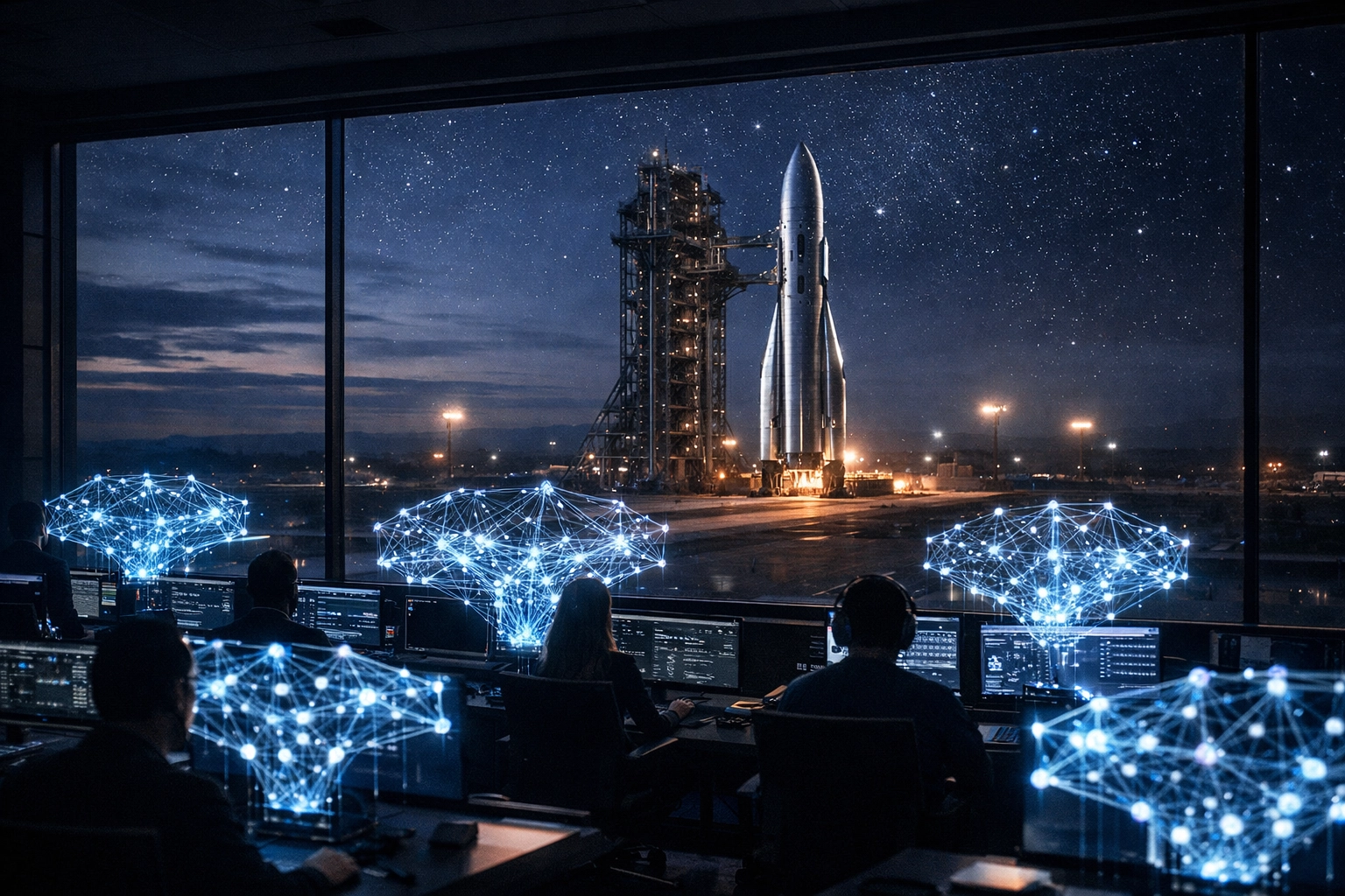 Mission control and AI networks representing tech infrastructure giants aiming for an IPO in 2026.