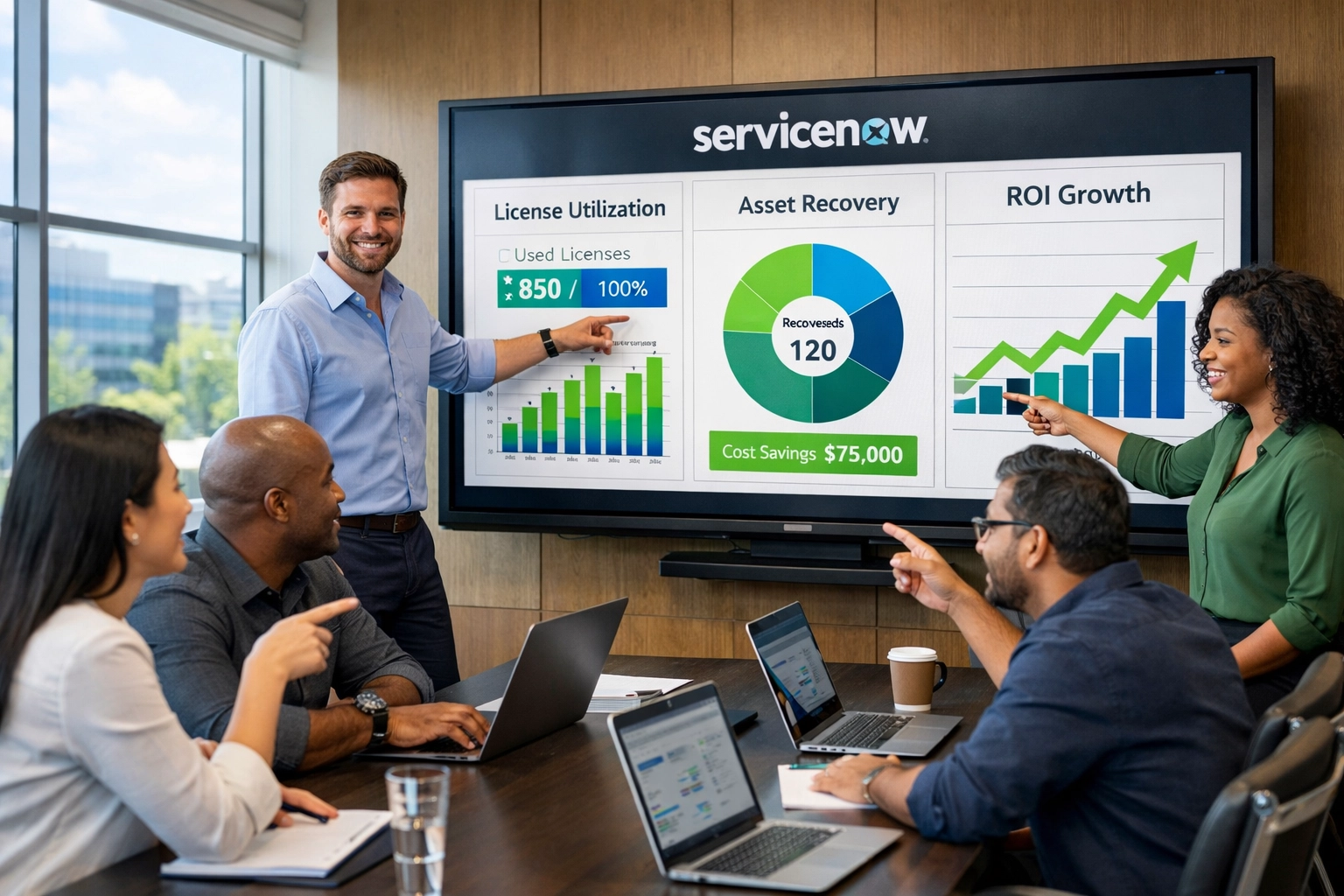 IT team analyzing ServiceNow ROI dashboards showing license optimization metrics